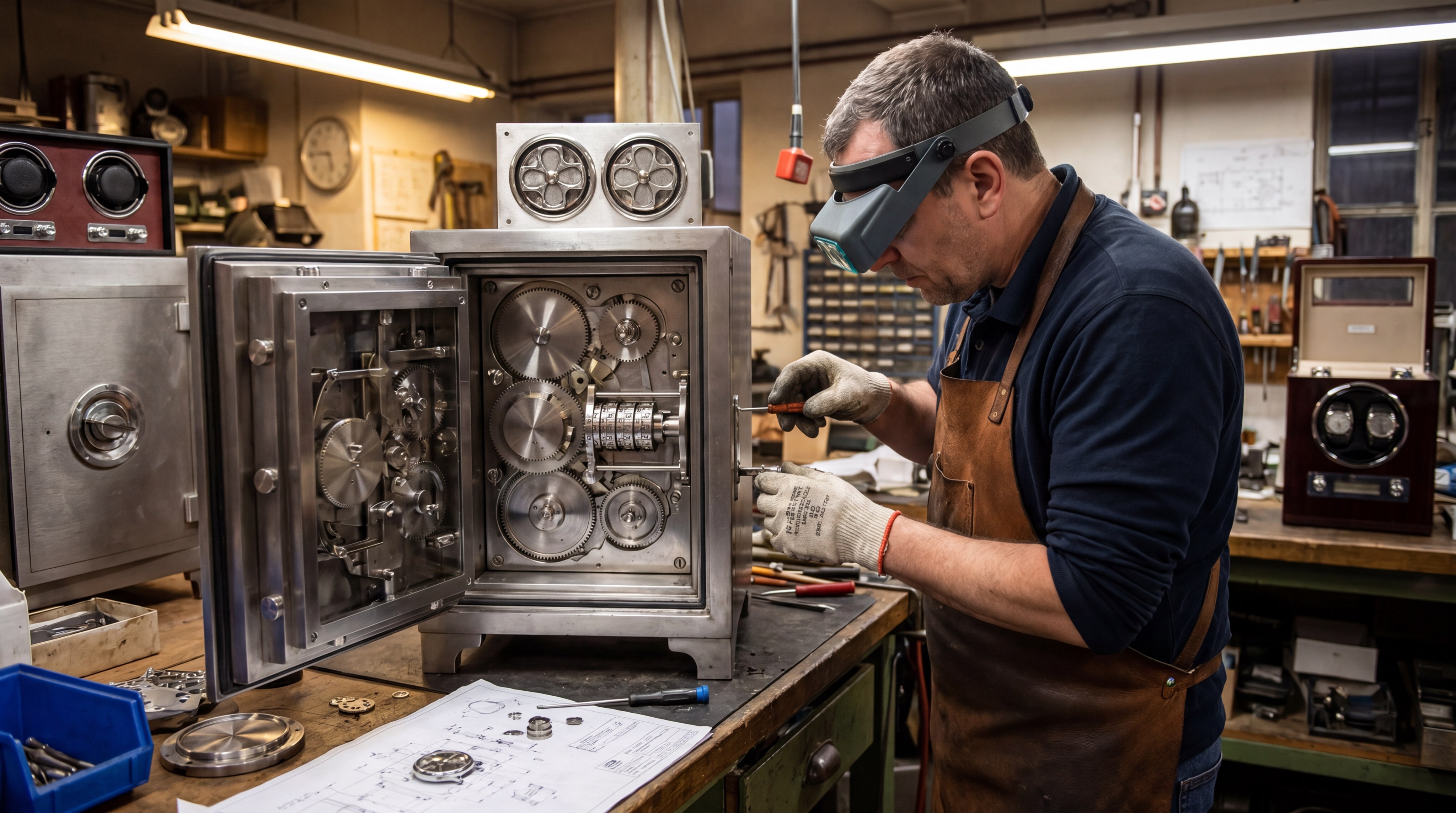 Watch safe being assembled in a workshop