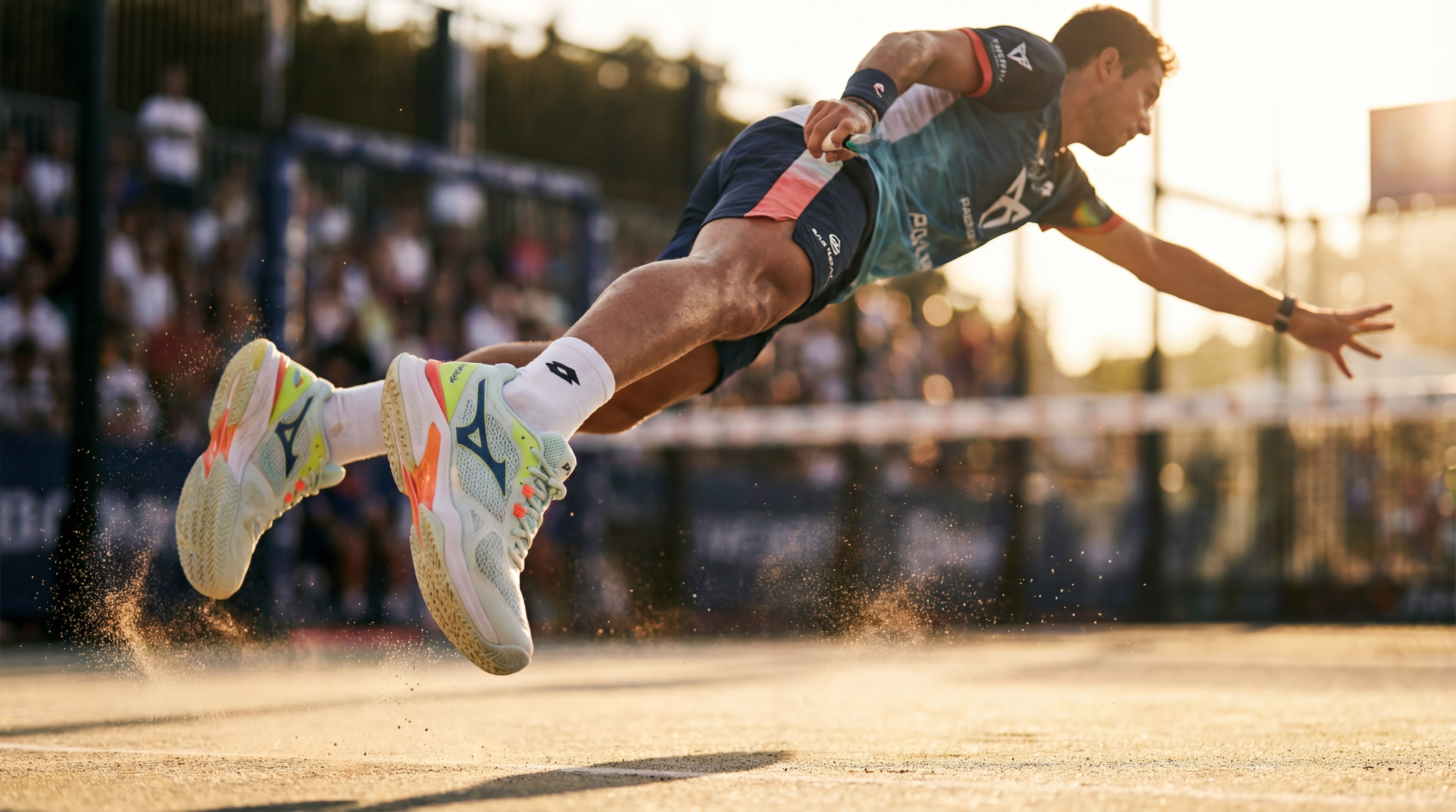 Player performing a smash in professional footwear