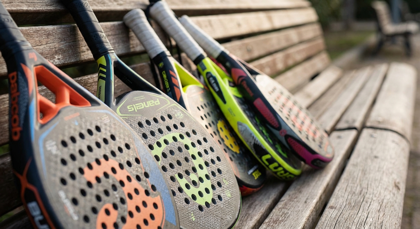 A collection of colorful padel bats showing different head shapes