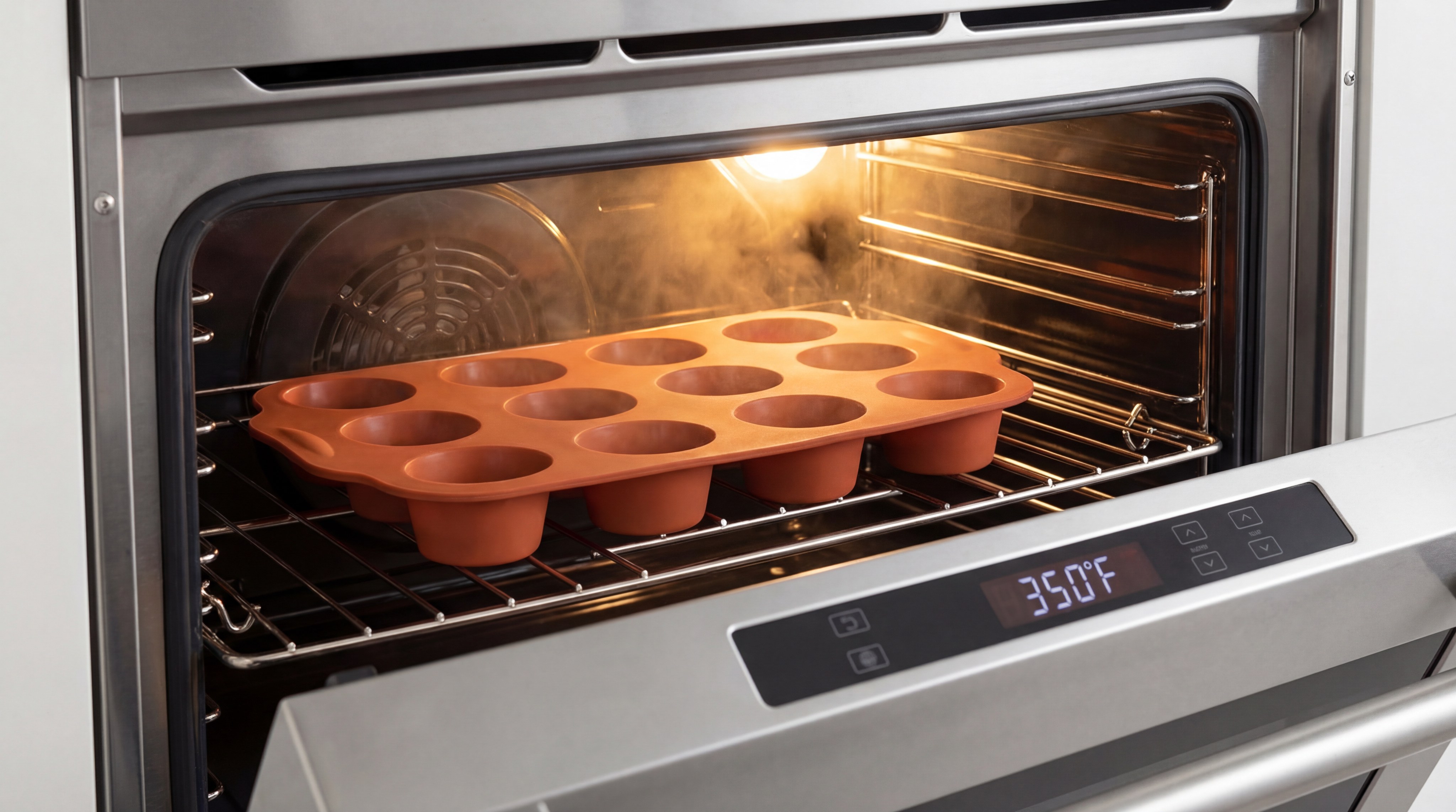 A silicone muffin tray inside a modern oven with steam rising