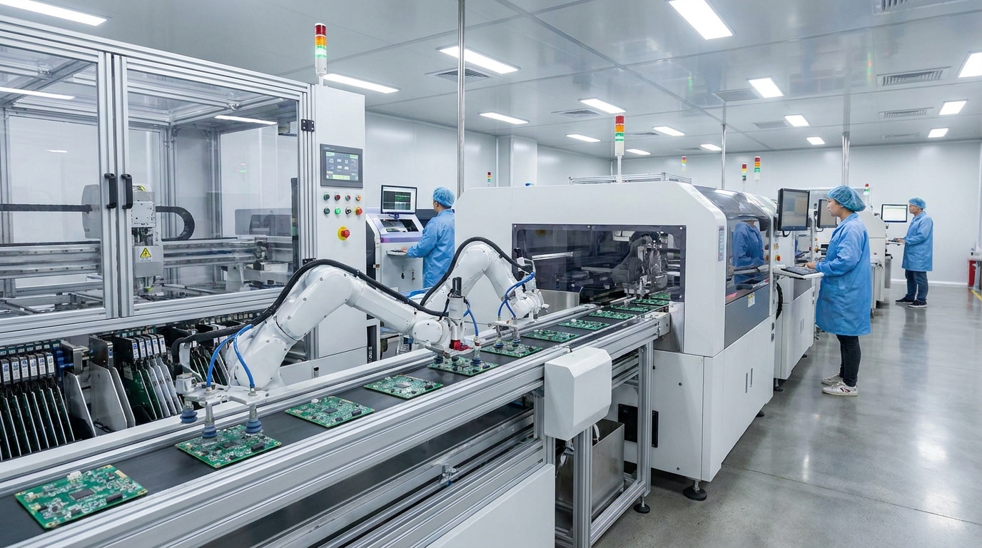 Automated SMT assembly line manufacturing industrial OEM power adapters in a clean factory