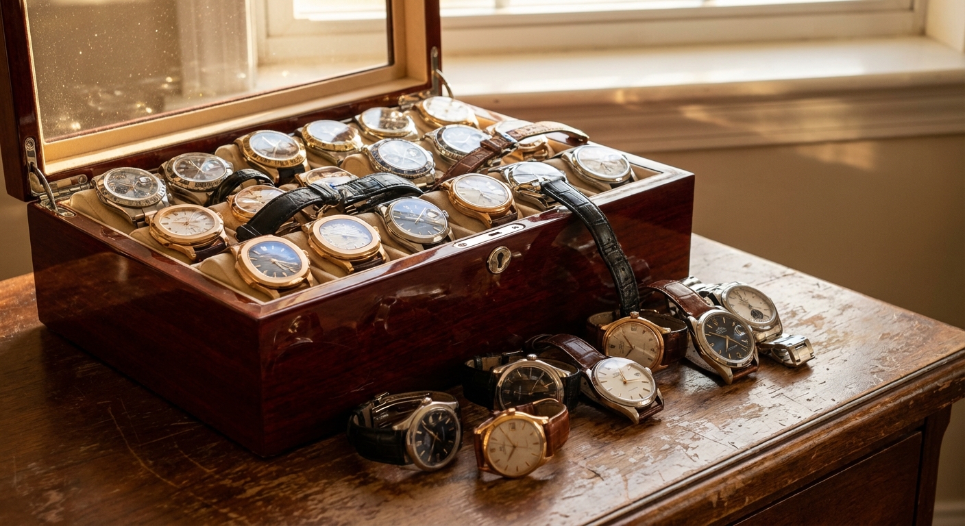 A collection of luxury watches scattered unorganized on a wooden desk