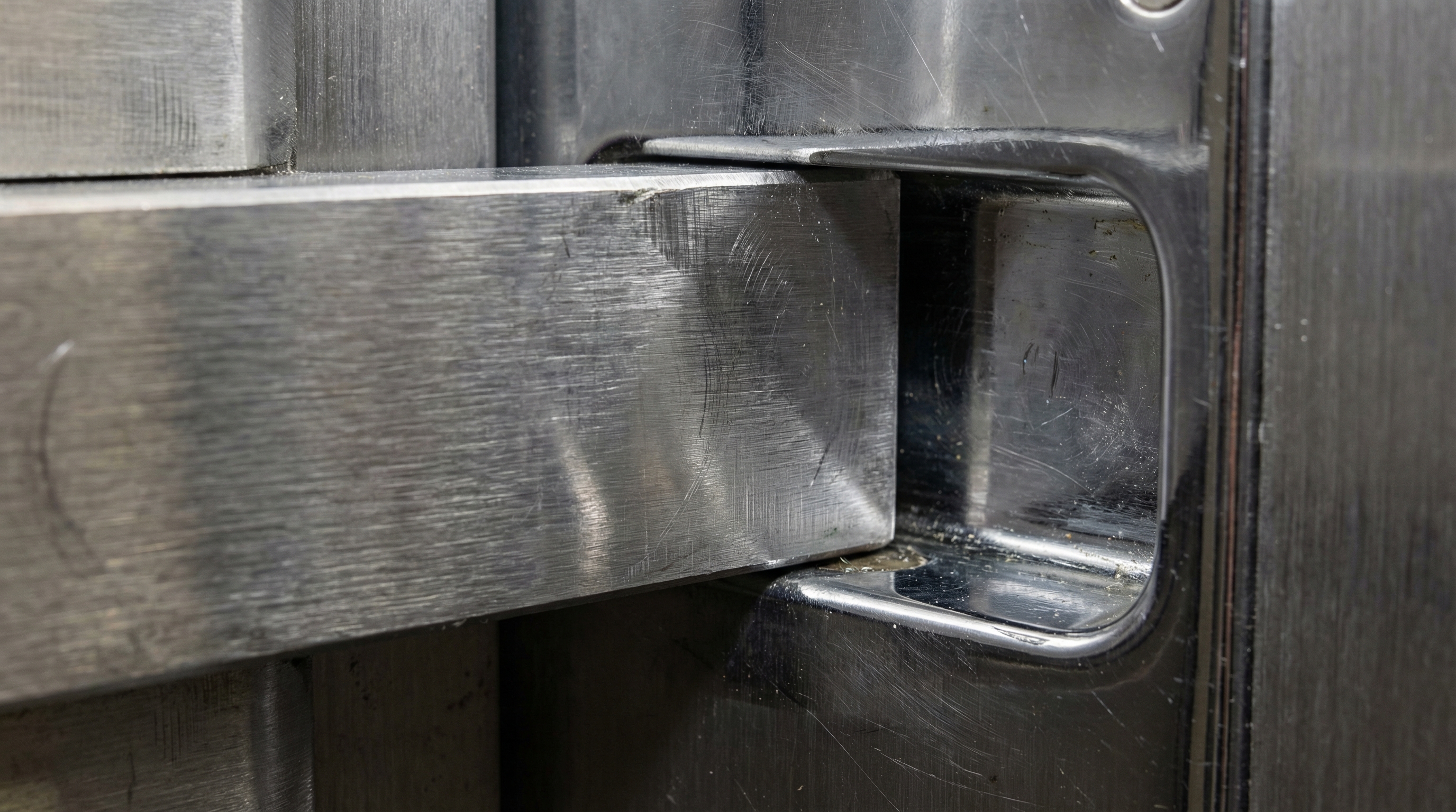Macro shot of a heavy-duty steel safe bolt engaging into a reinforced chrome-plated door frame
