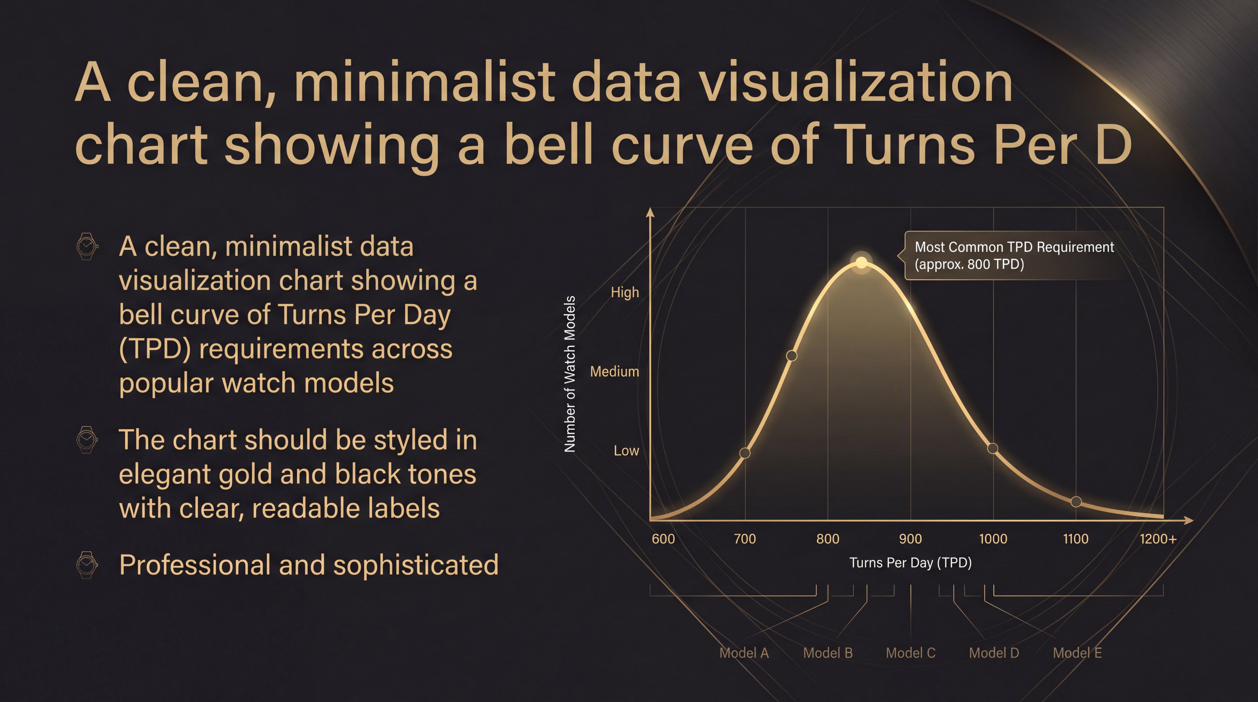 A clean, minimalist data visualization chart showing a bell curve of TPD requirements across 100 popular watch models