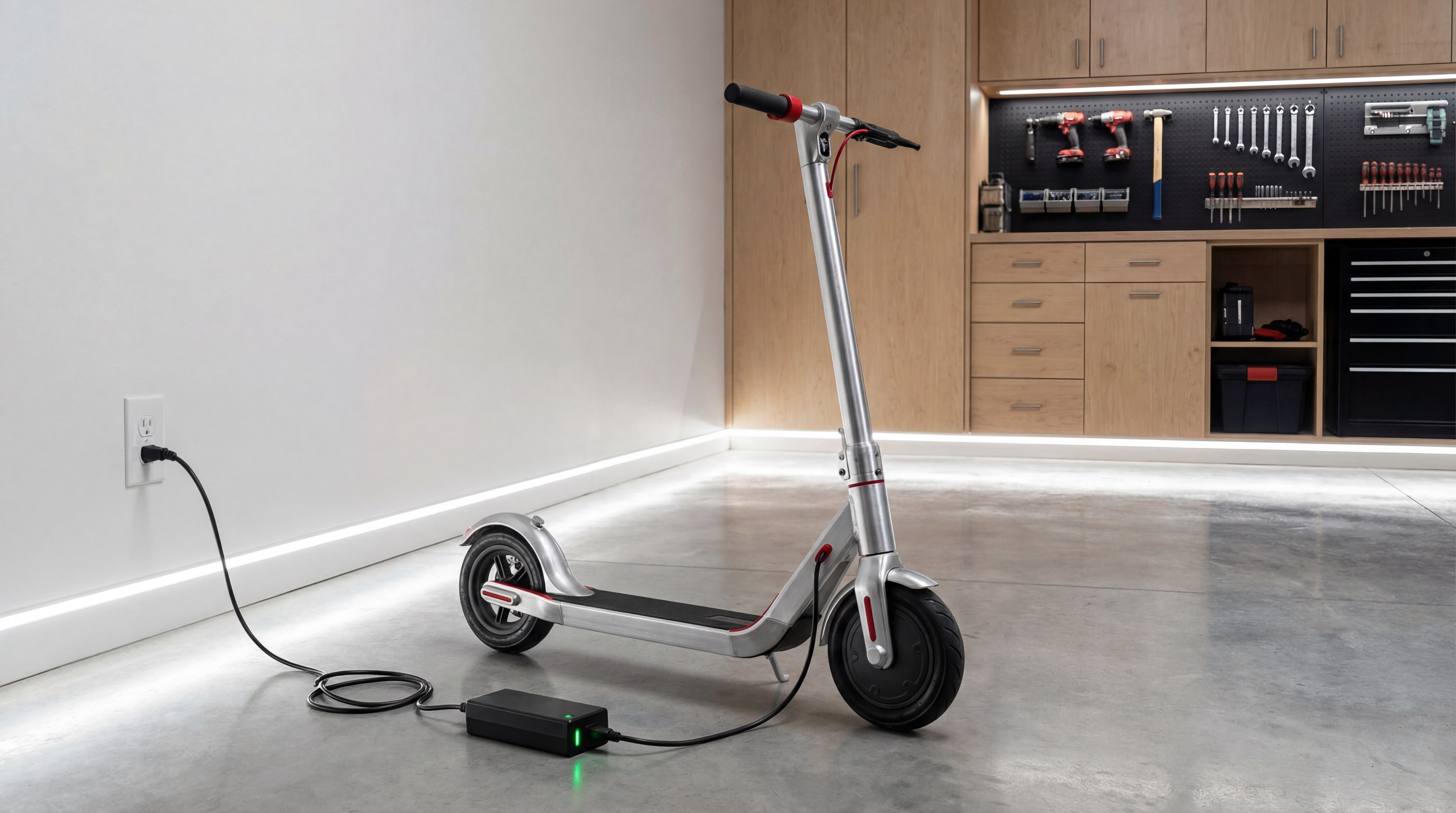 A scooter plugged into a standard wall outlet in a modern garage, showing the charging indicator light glowing green.