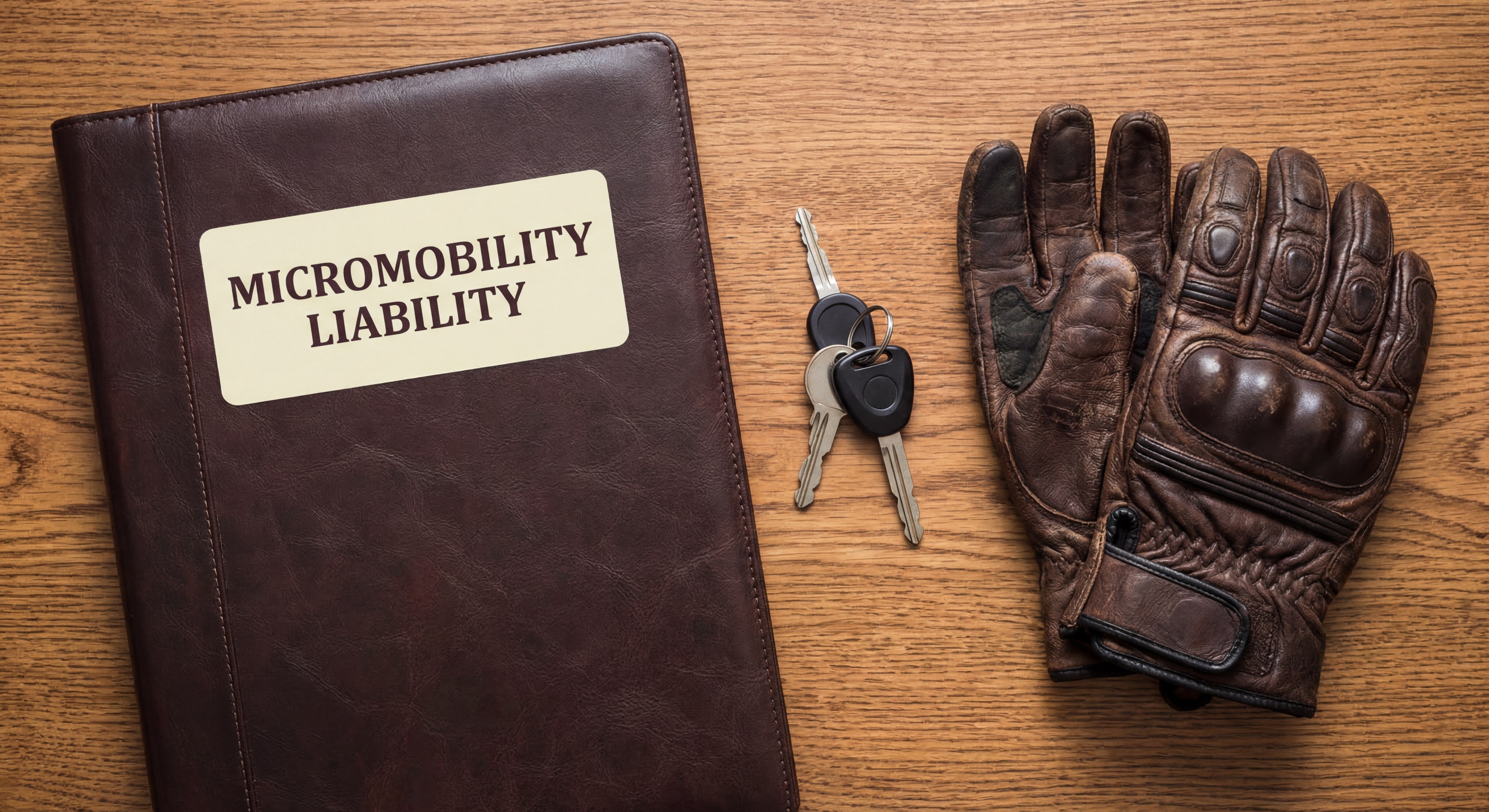 Flat lay of micromobility liability insurance documents and keys