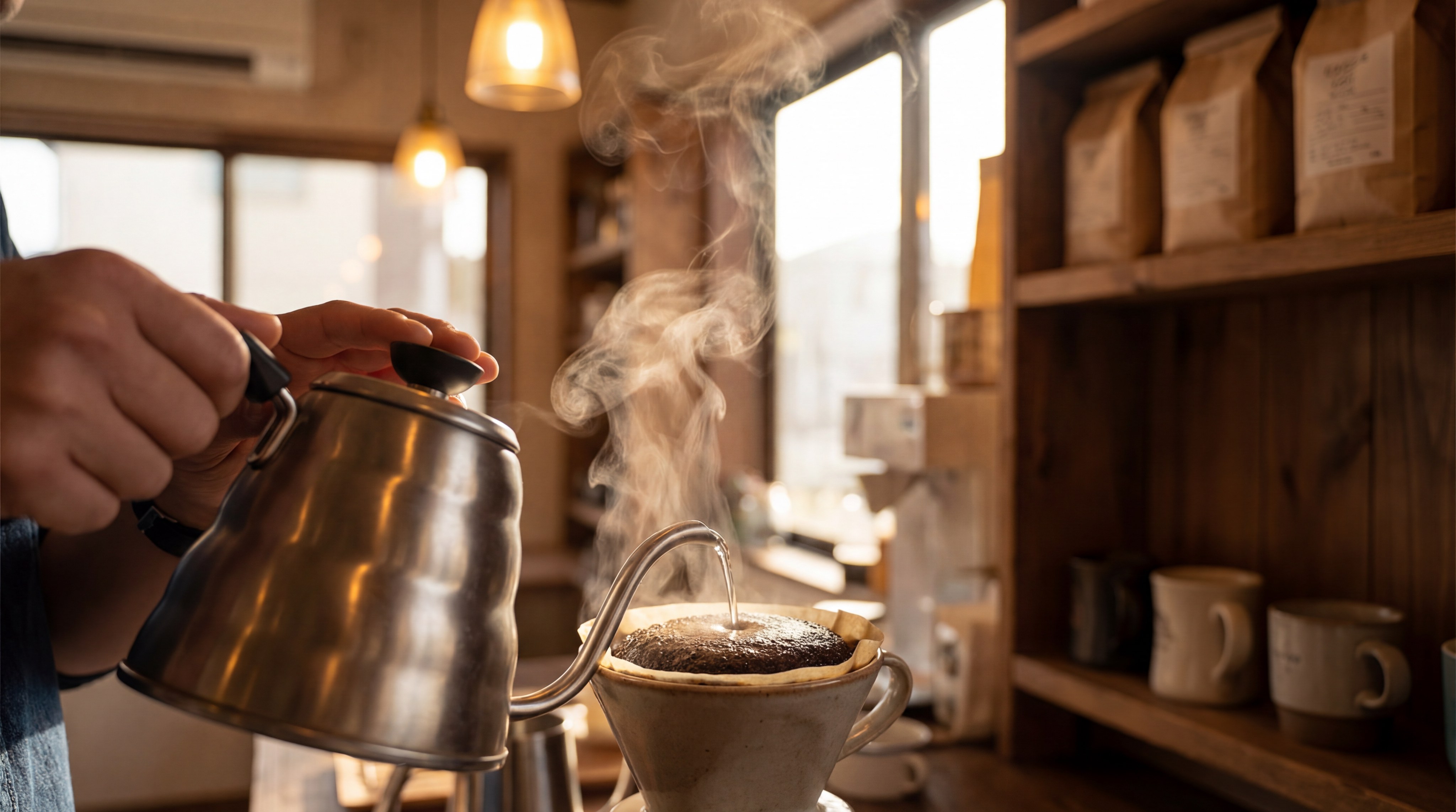 Barista pouring coffee with steam