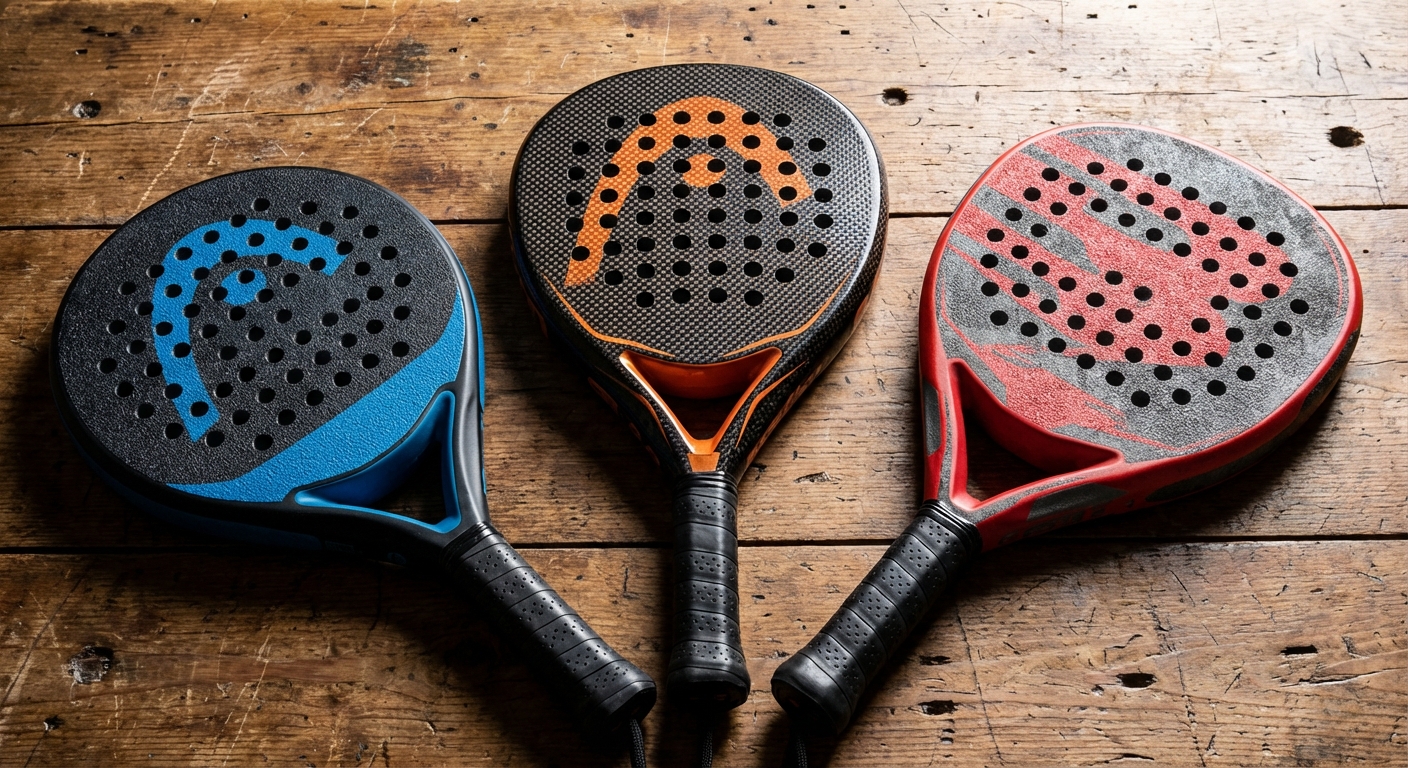 Close-up Comparison of Three Padel Racket Shapes on Wooden Surface