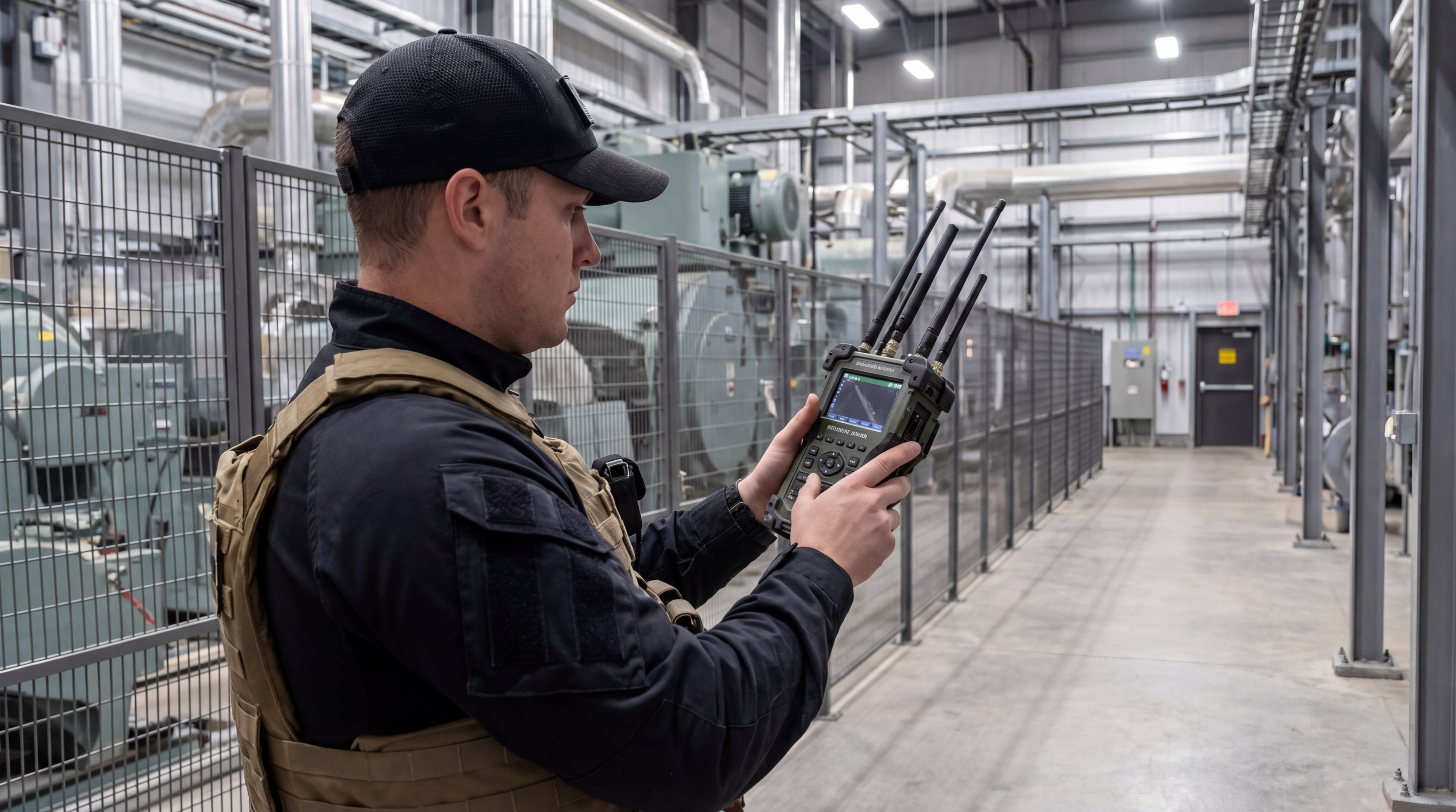 A security professional on patrol with a handheld anti-drone device inside a large industrial facility.