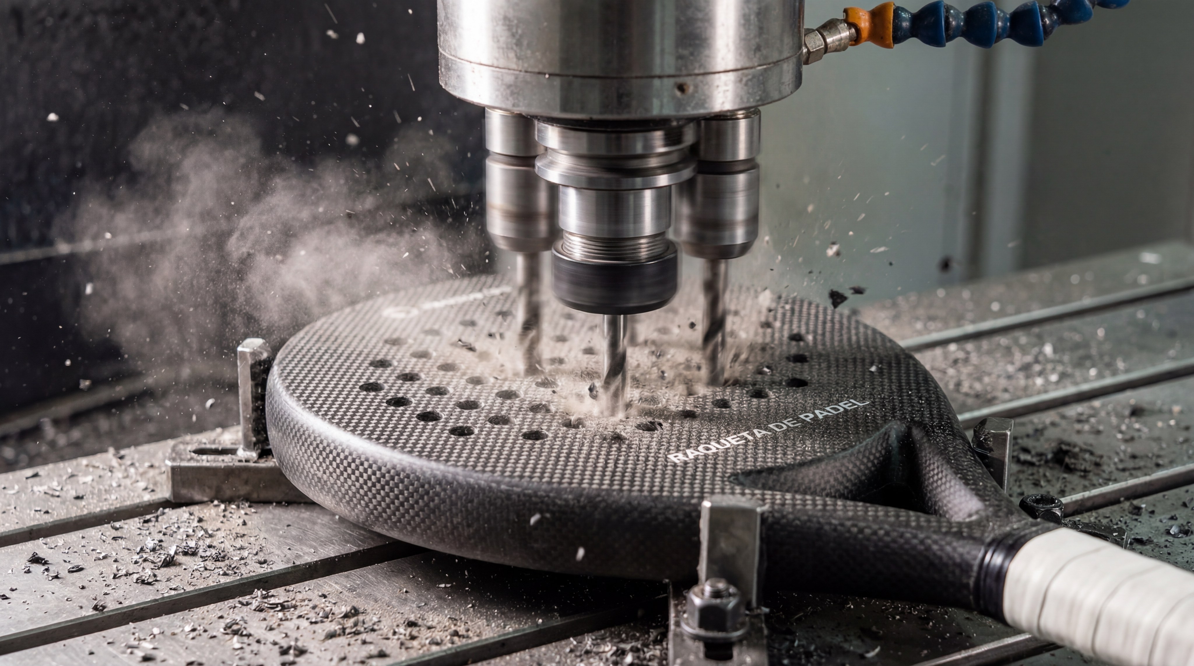 A high-speed photo of a CNC drilling machine precisely cutting holes into a raqueta de padel. Dust is being vacuumed away as the drill bit creates a perfect circular pattern on the black surface.