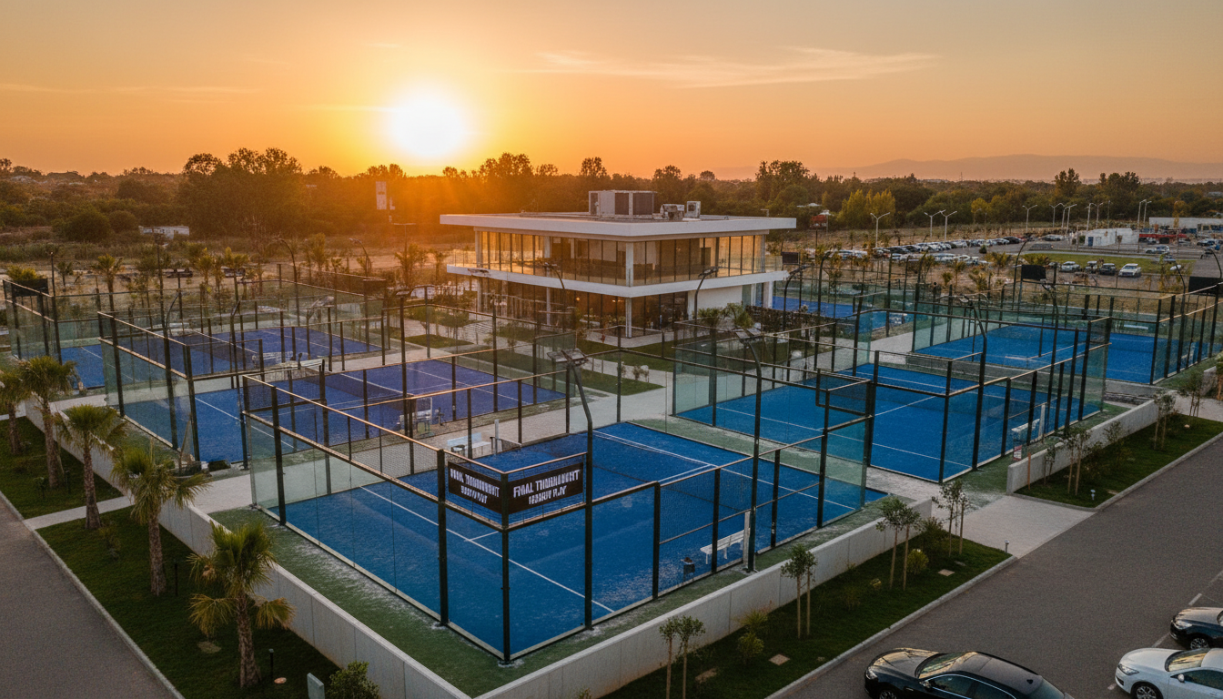 A wide-angle "hero shot" of a newly completed multi-court padel club featuring both standard and panoramic courts.