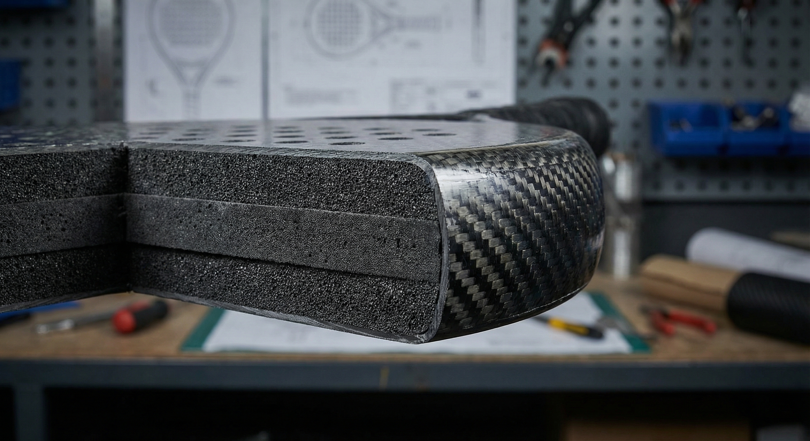 Detailed cross-section of a padel racket core showing EVA foam