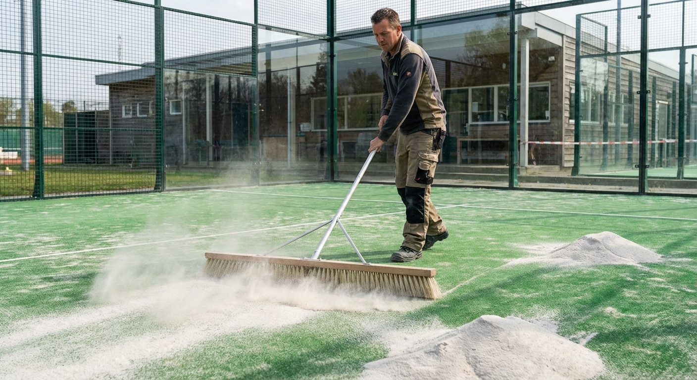 A maintenance worker using a professional drag brush to distribute silica sand evenly across a lush green padel court surface.