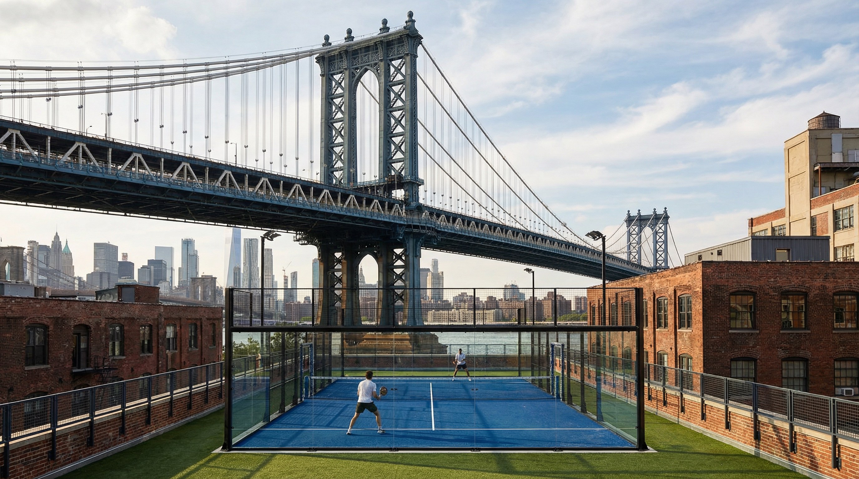 A photorealistic rendering of an outdoor Padel court overlooking the Manhattan Bridge, showcasing the integration of the urban skyline with sports infrastructure.