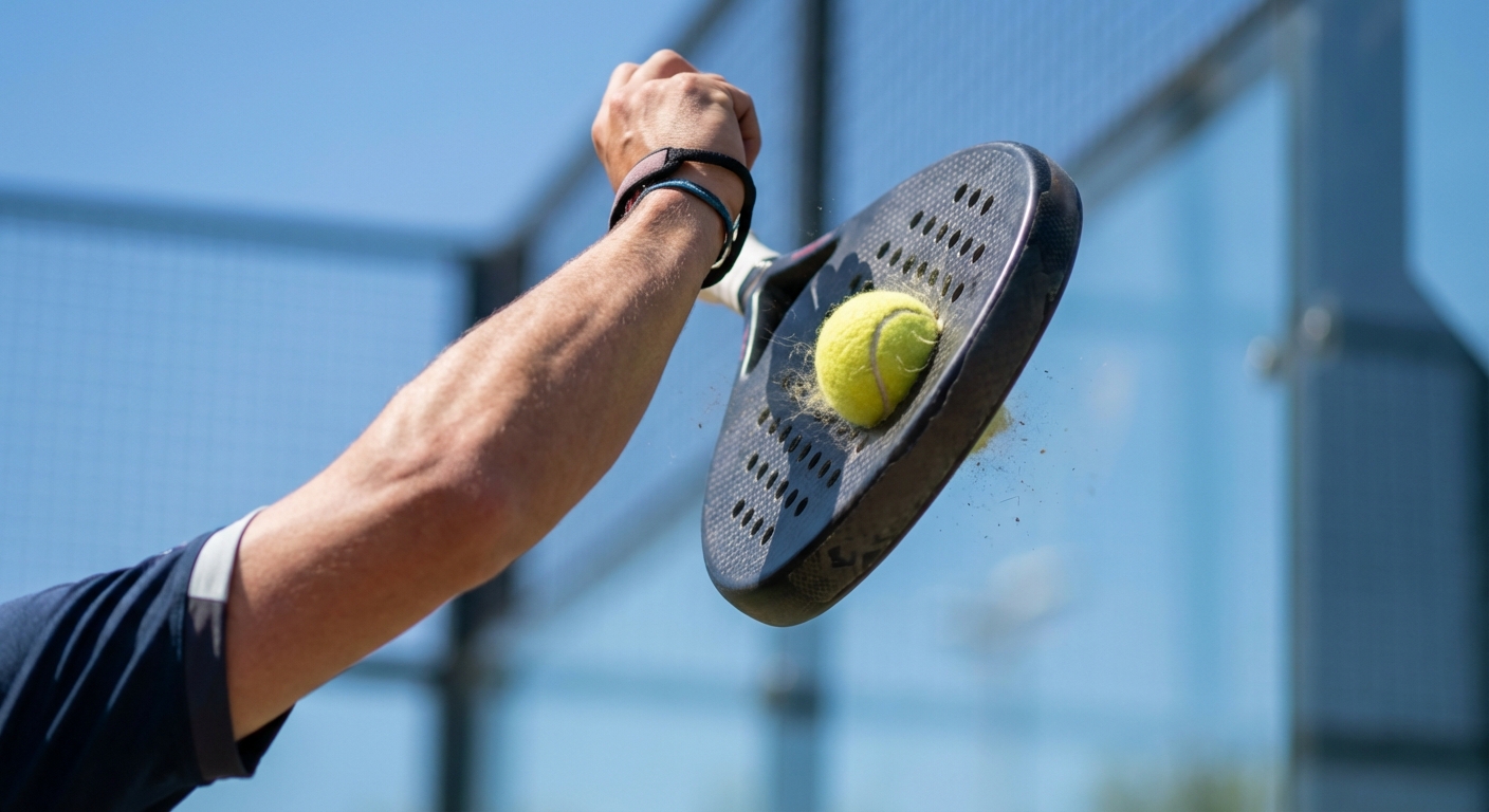 A professional padel racket making contact with a ball at the highest extension point