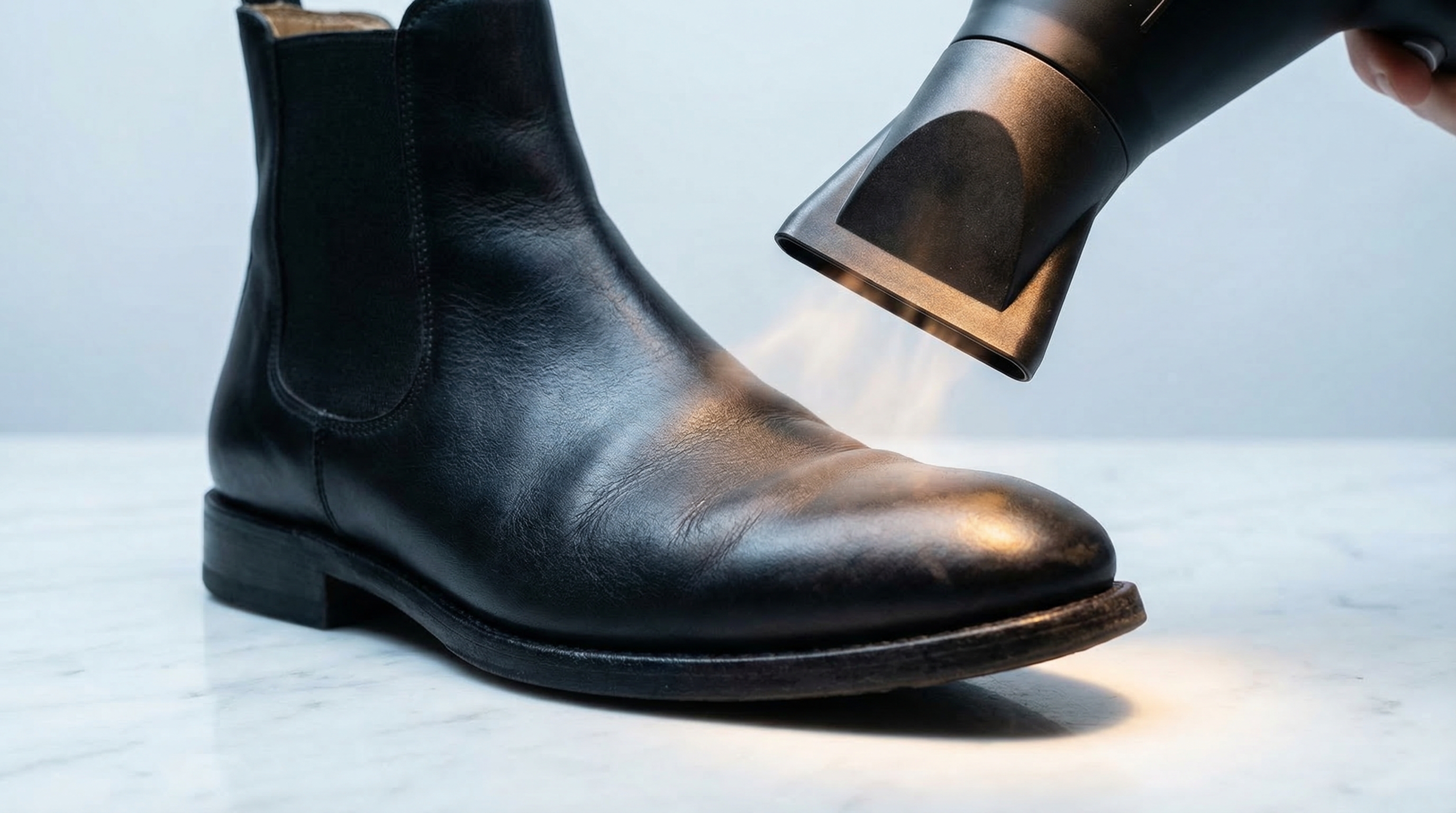 A professional hairdryer directed at the toe box of a black leather Chelsea boot with visible heat shimmer