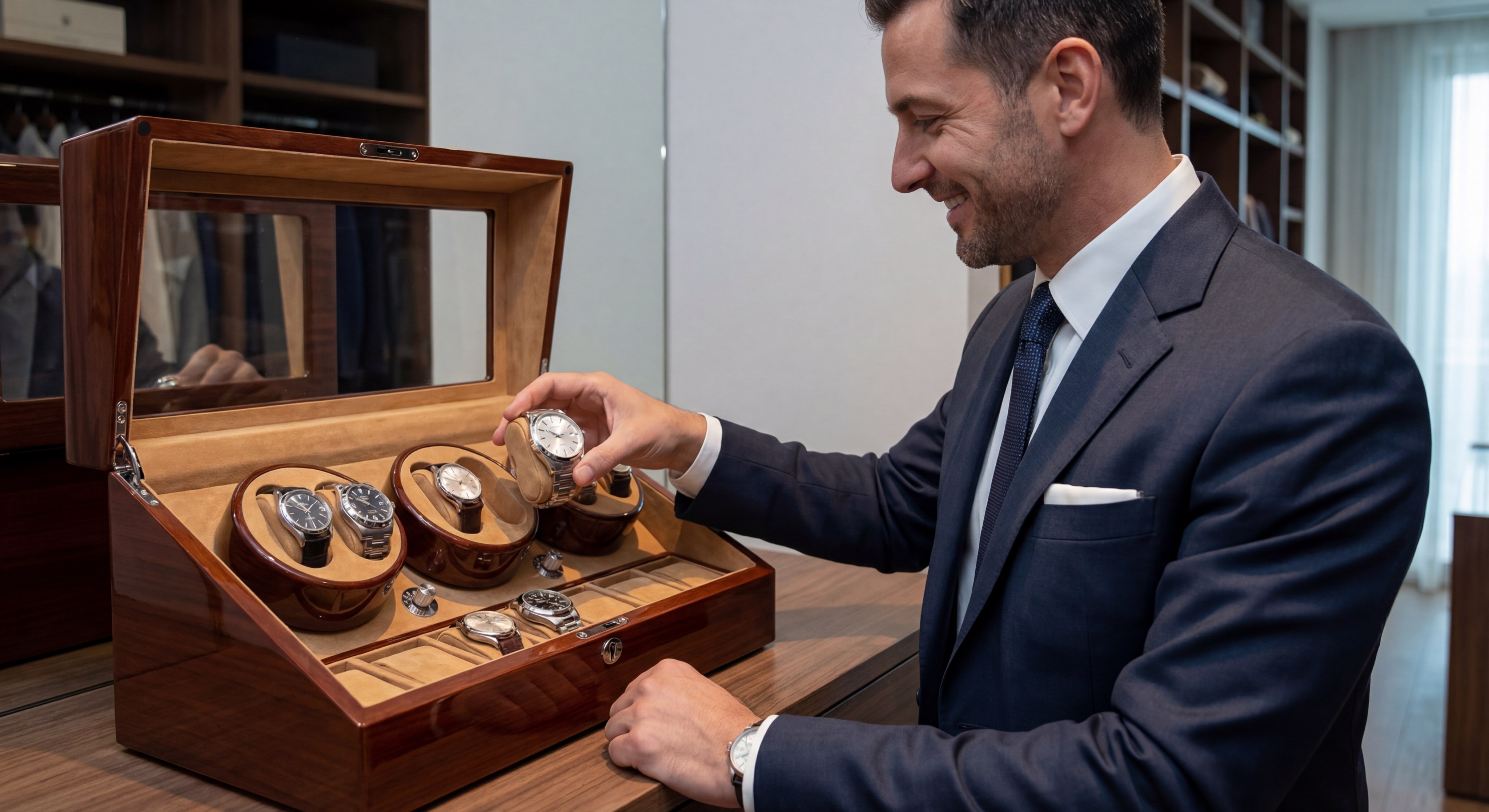 A businessman selecting a watch from a 6-unit winder box