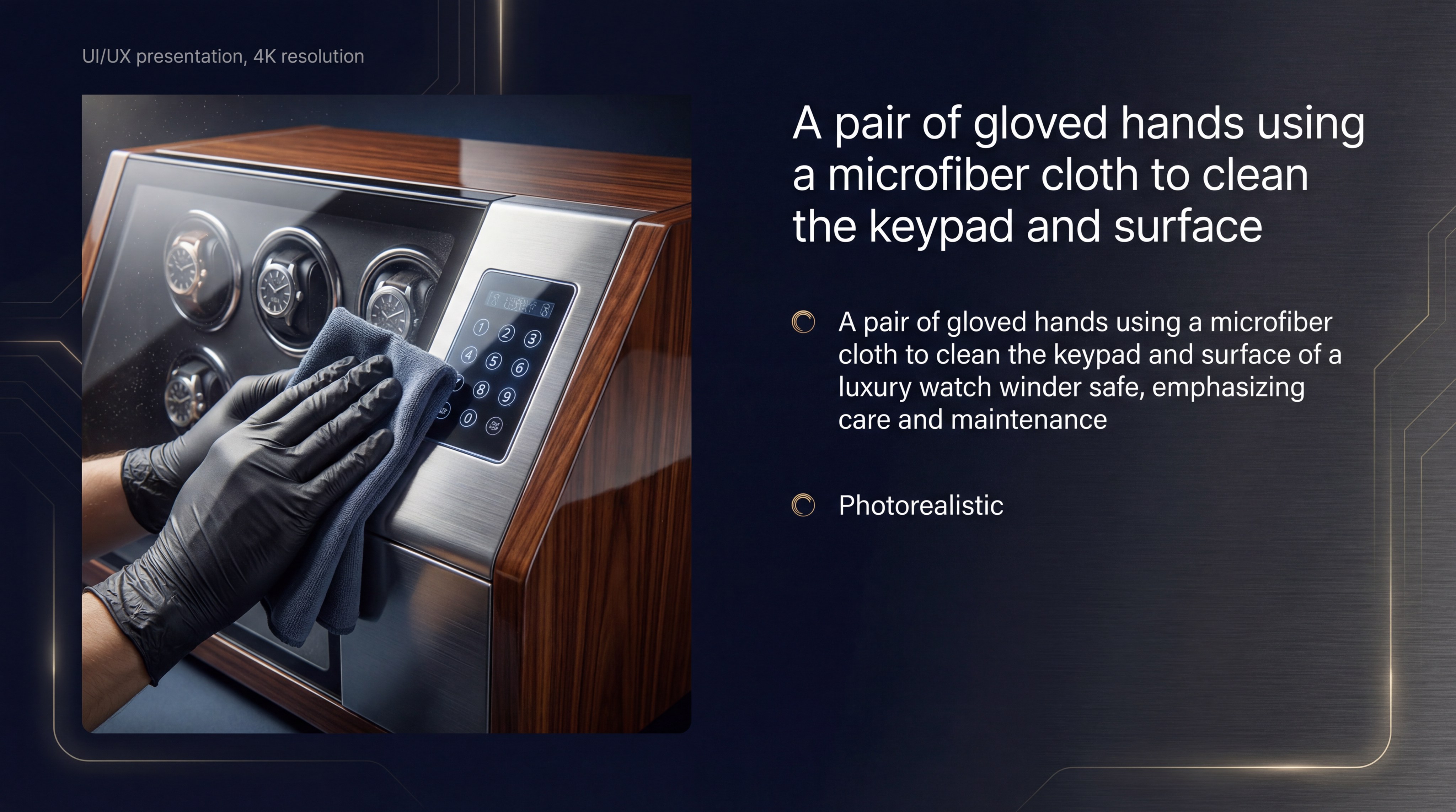 A pair of gloved hands using a microfiber cloth to clean the keypad and surface of a luxury watch winder safe