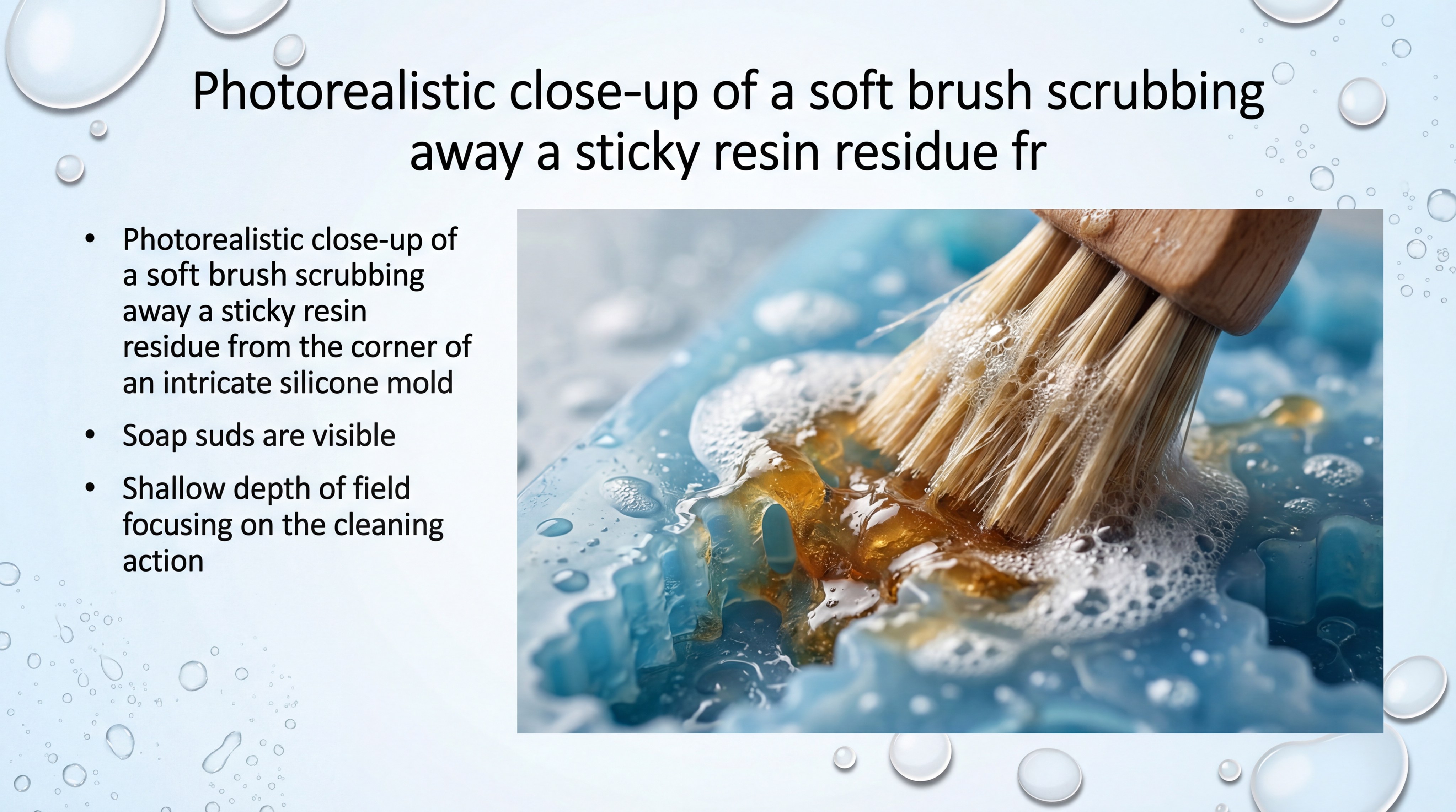 Photorealistic close-up of a soft brush scrubbing away a sticky resin residue from the corner of an intricate silicone mold