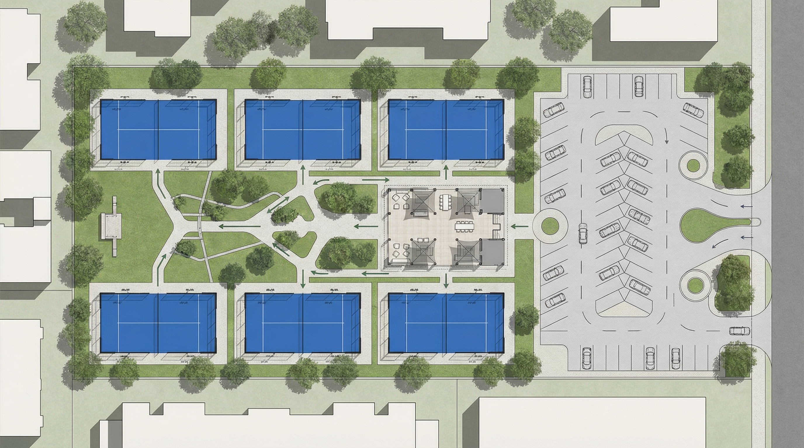 A photorealistic site-plan diagram showing the layout of a 6-court padel facility with arrows indicating player flow, lounge areas, and parking optimization.