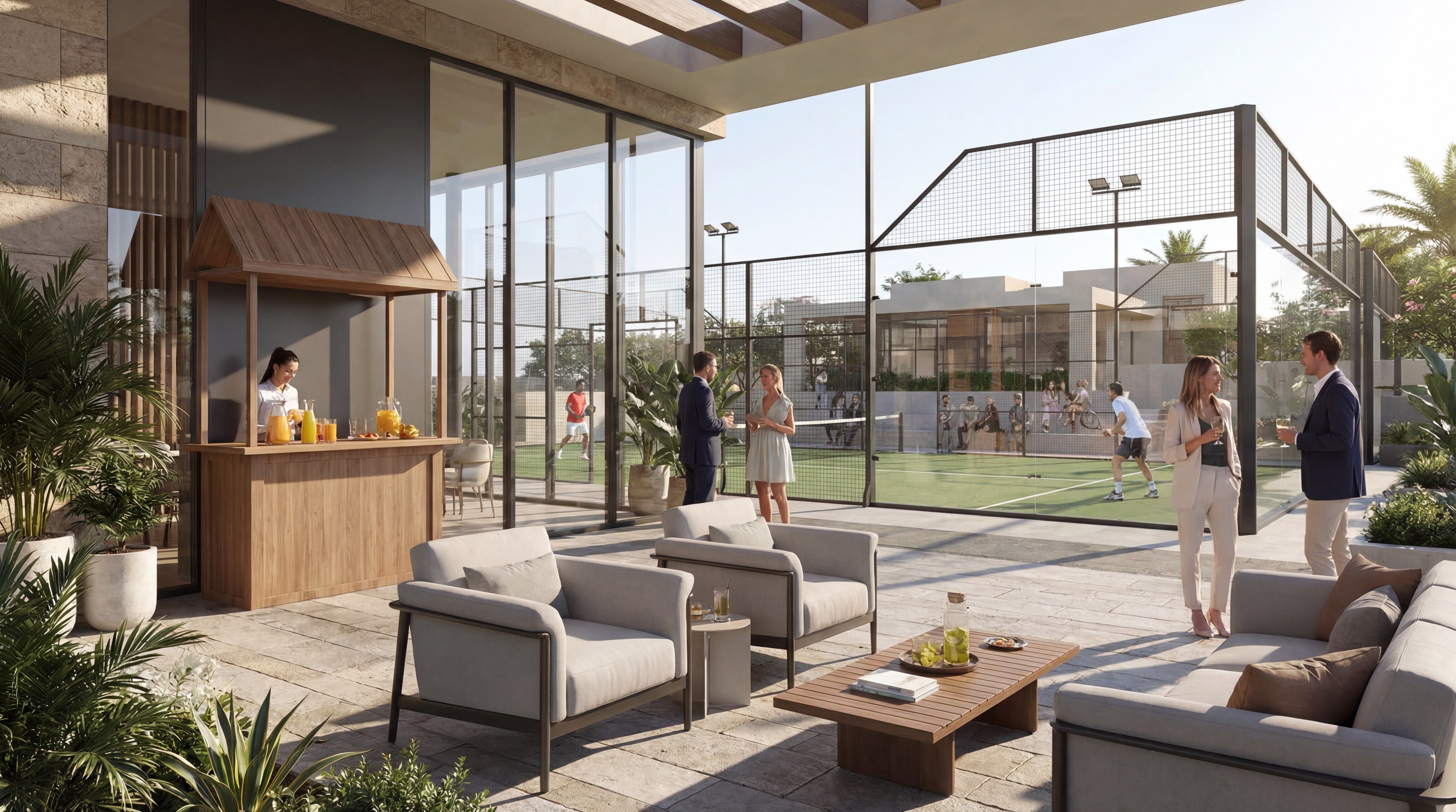 A luxury lounge area adjacent to a padel court with modern furniture