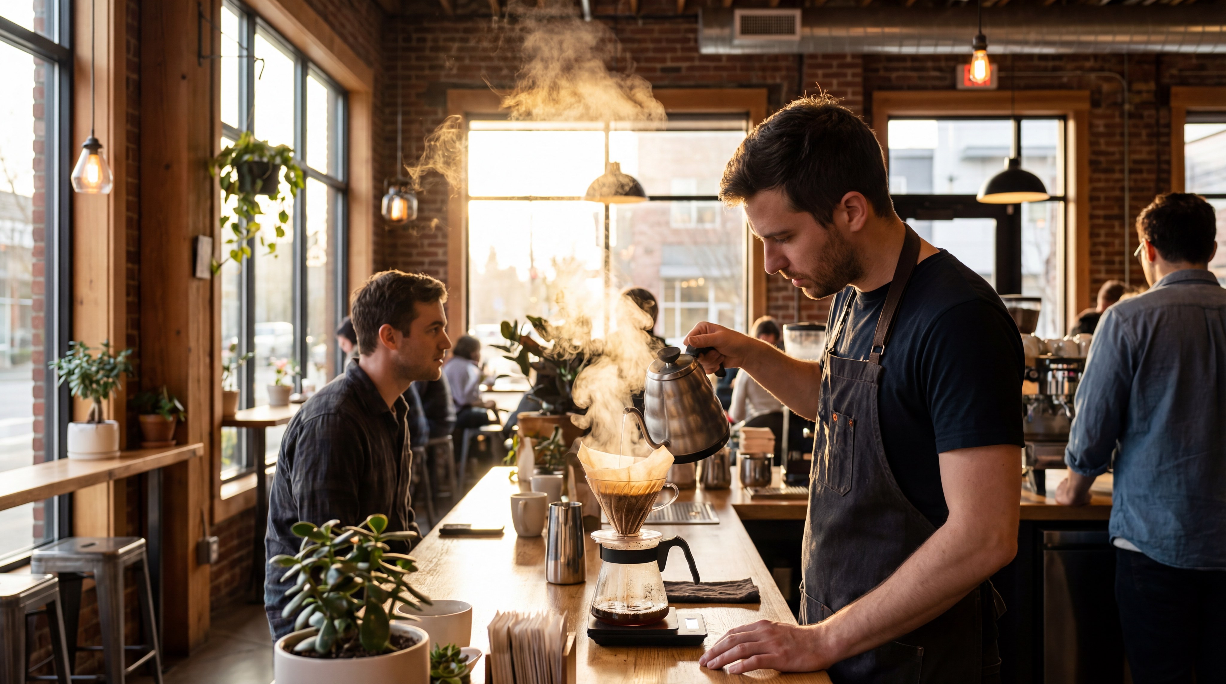 Barista brewing drip bag coffee in Seattle