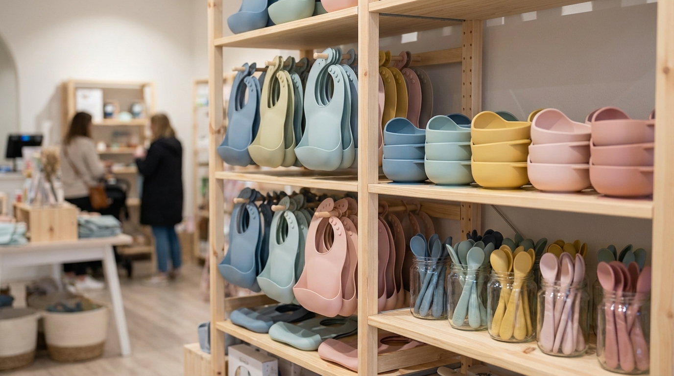 An organized, aesthetically pleasing display of silicone baby bibs, bowls, and spoons in pastel colors on a wooden retail shelf.