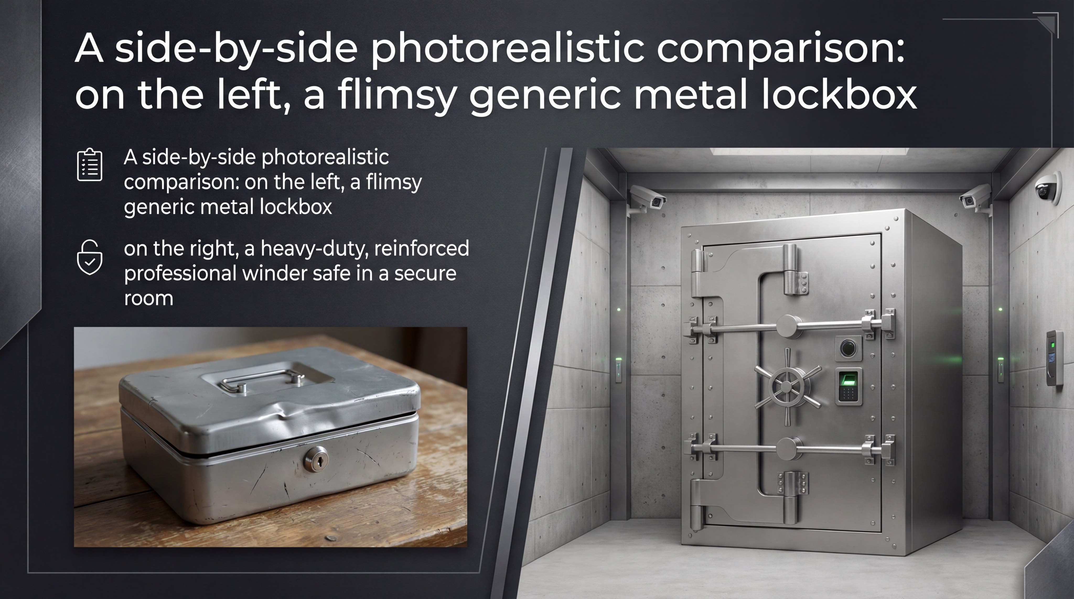 A side-by-side photorealistic comparison of a flimsy metal lockbox and a heavy-duty reinforced professional winder safe in a secure room