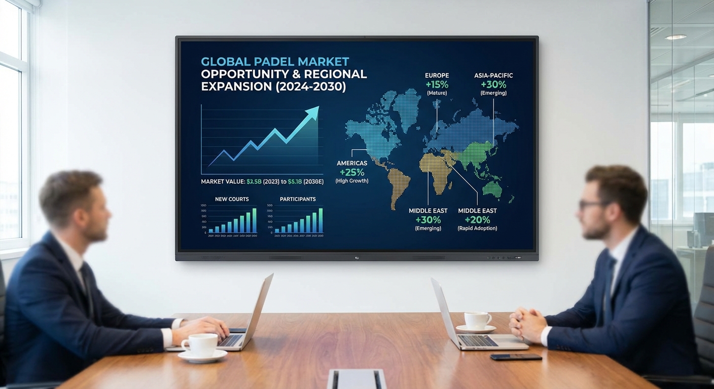 An professional office setting with two analysts viewing a large wall-mounted screen showing an infographic of the global padel market growth from 2024 to 2030