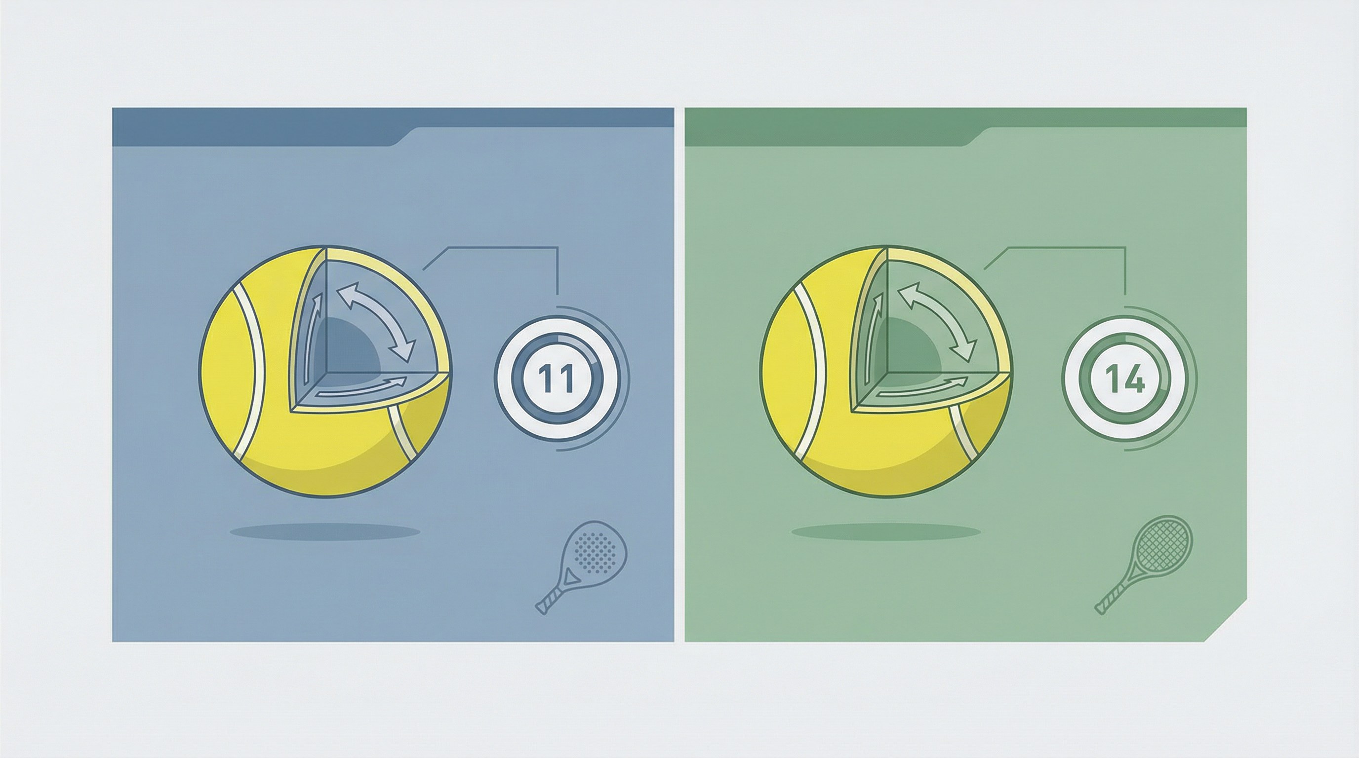 Technical chart showing a cross-section of both balls with pressure gauges indicating 11psi for padel and 14psi for tennis.