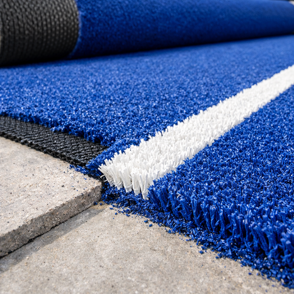 A macro view of professional synthetic turf being laid on a court