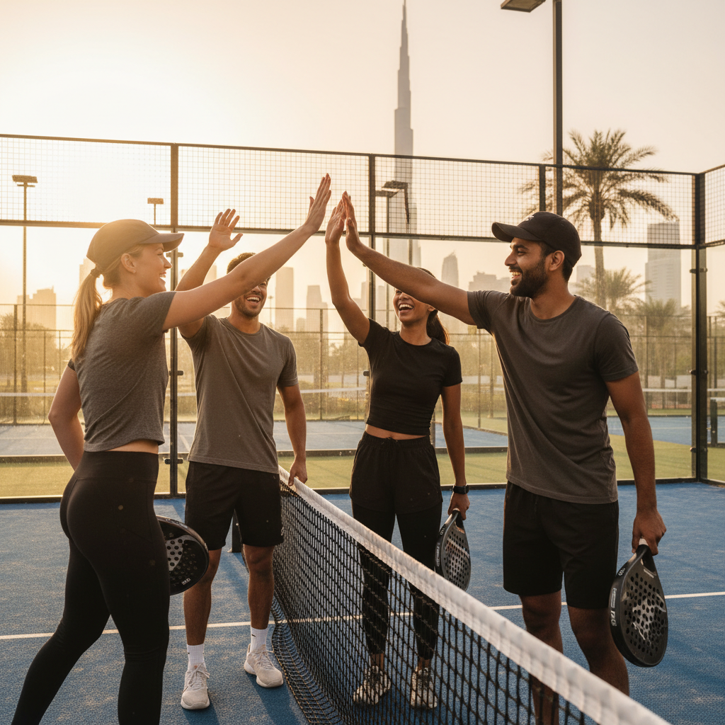friends padel dubai golden hour
