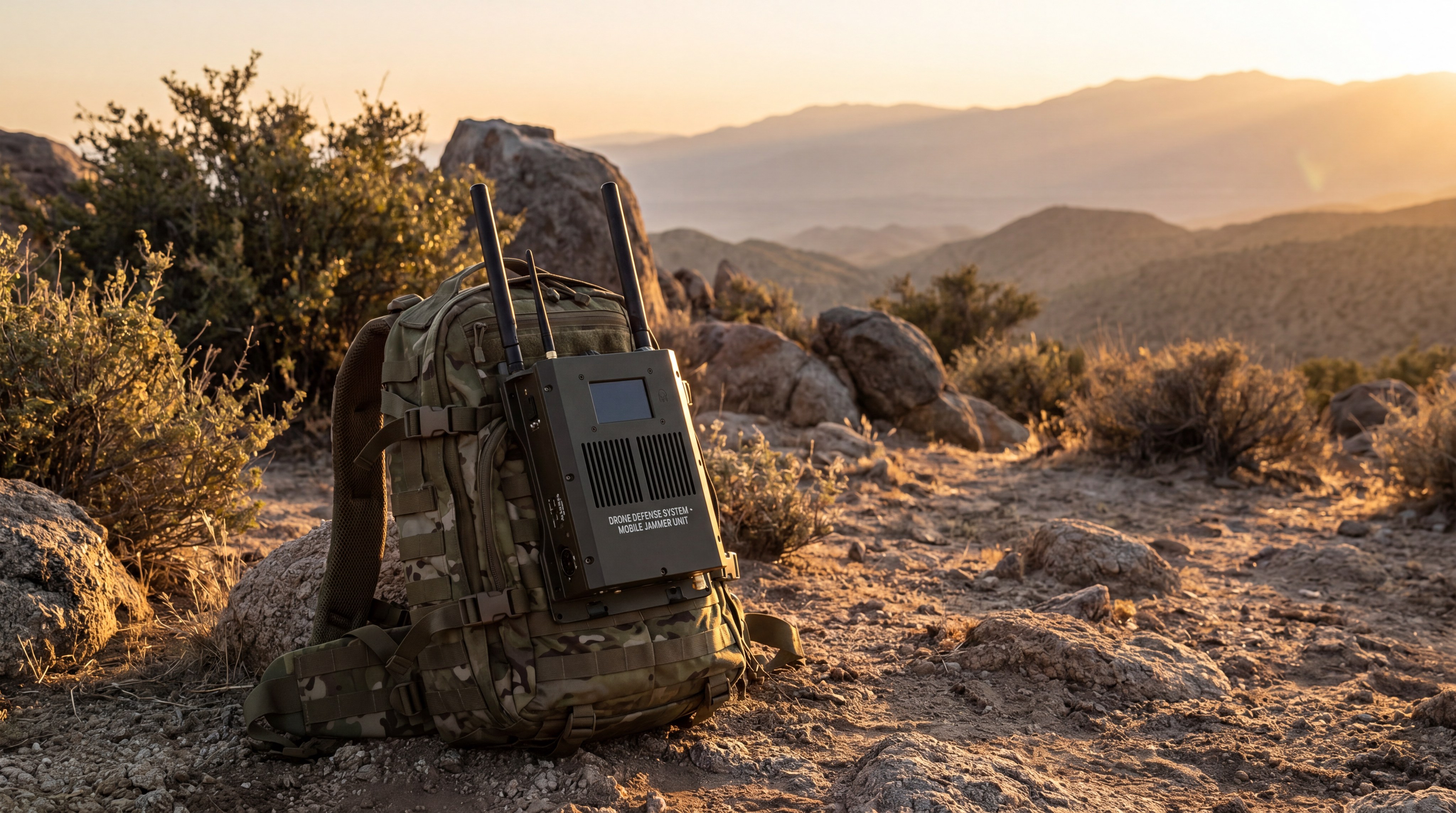 Tactical drone jammer backpack in desert