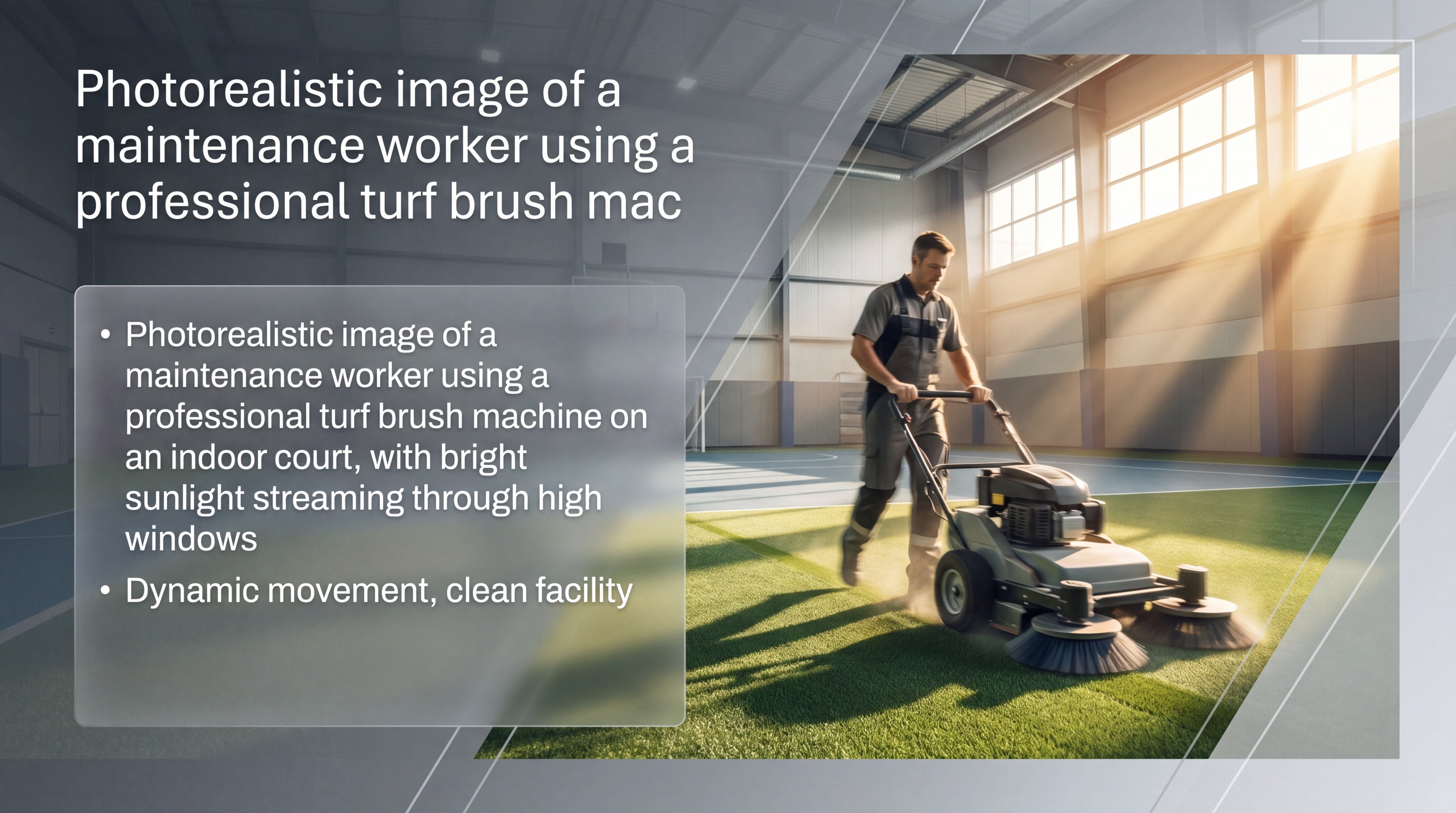 Photorealistic image of a maintenance worker using a professional turf brush machine on an indoor court
