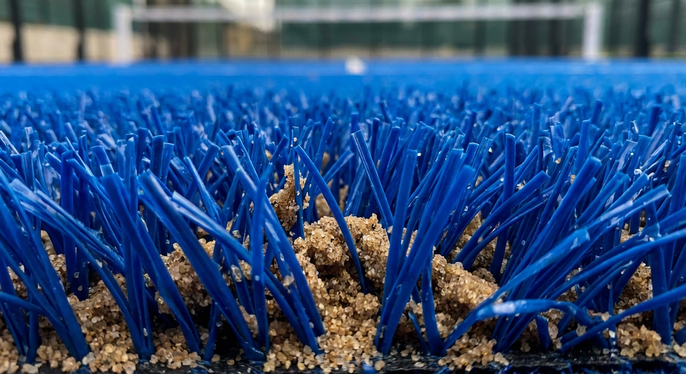 Macro shot of blue synthetic padel turf with silica sand infill