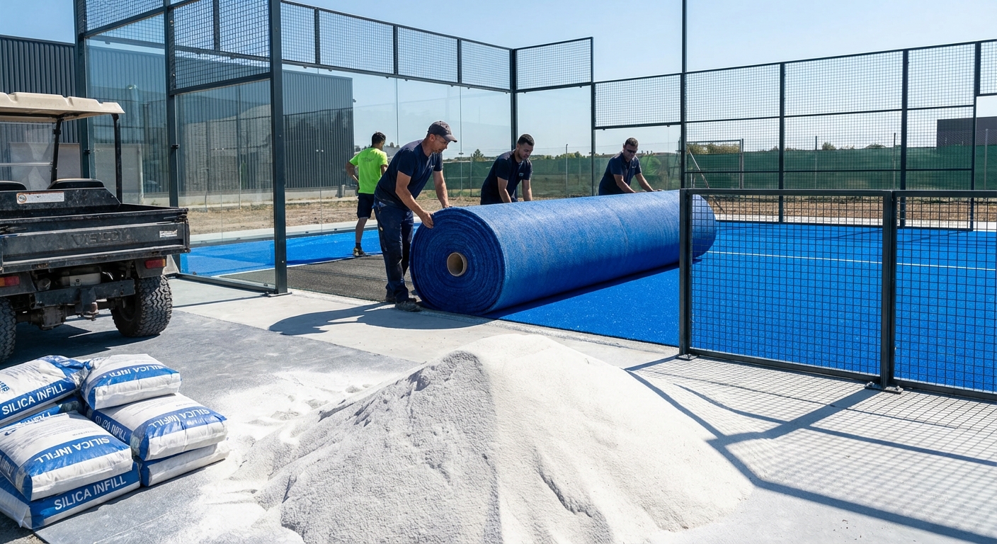 High-density blue synthetic padel turf being unrolled on a court, with a pile of fine silica sand nearby ready for infill.