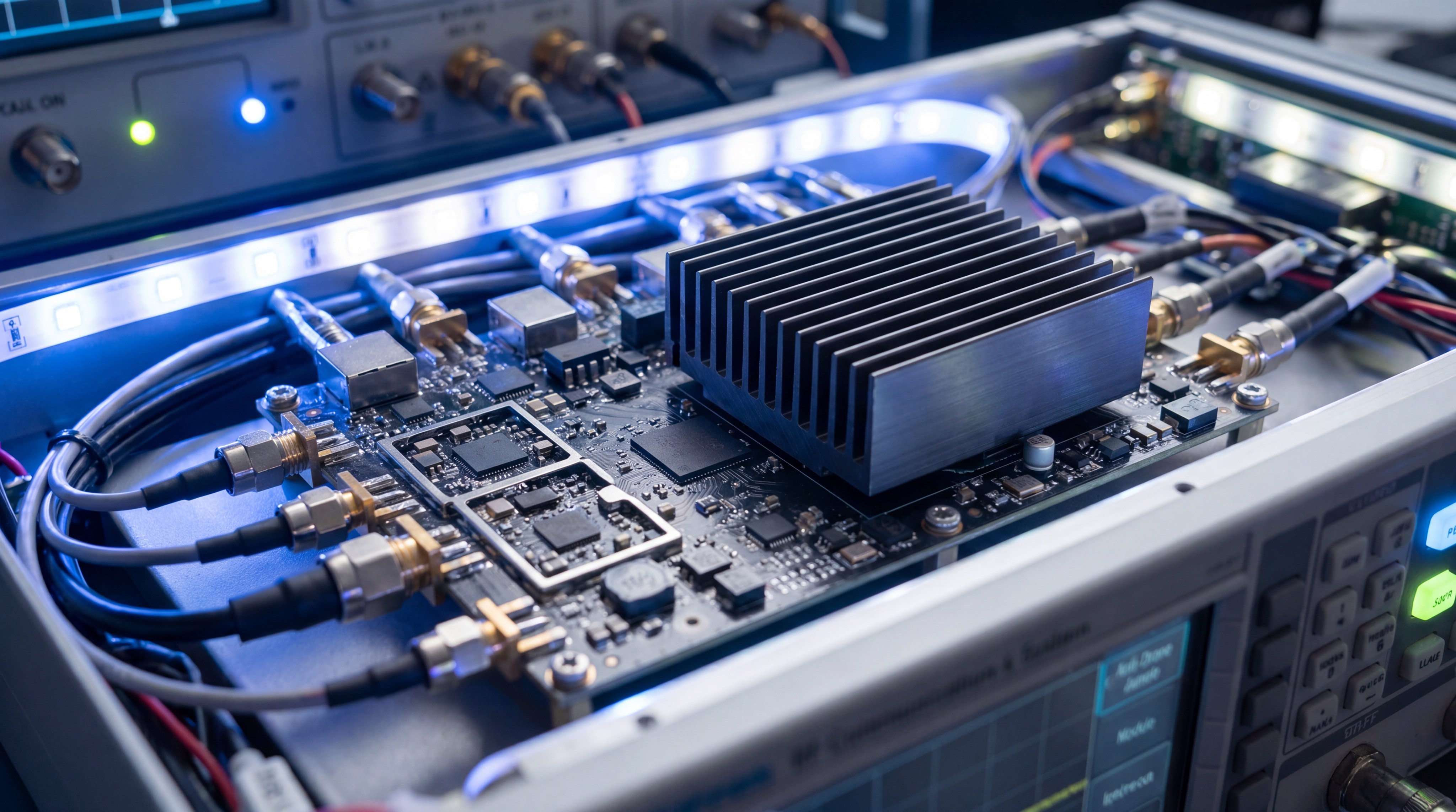 A detailed closeup of a high-performance Anti-Drone Jammer Module integrated onto a circuit board. The image highlights a large, dark grey metallic heat sink dominating the center, surrounded by precision-soldered RF components and gold-plated SMA connectors with blue-lit power indicators.