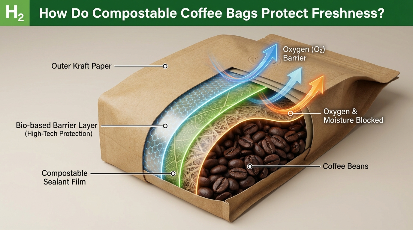 Cross-section diagram showing the multiple barrier layers of a compostable coffee bag blocking oxygen and moisture