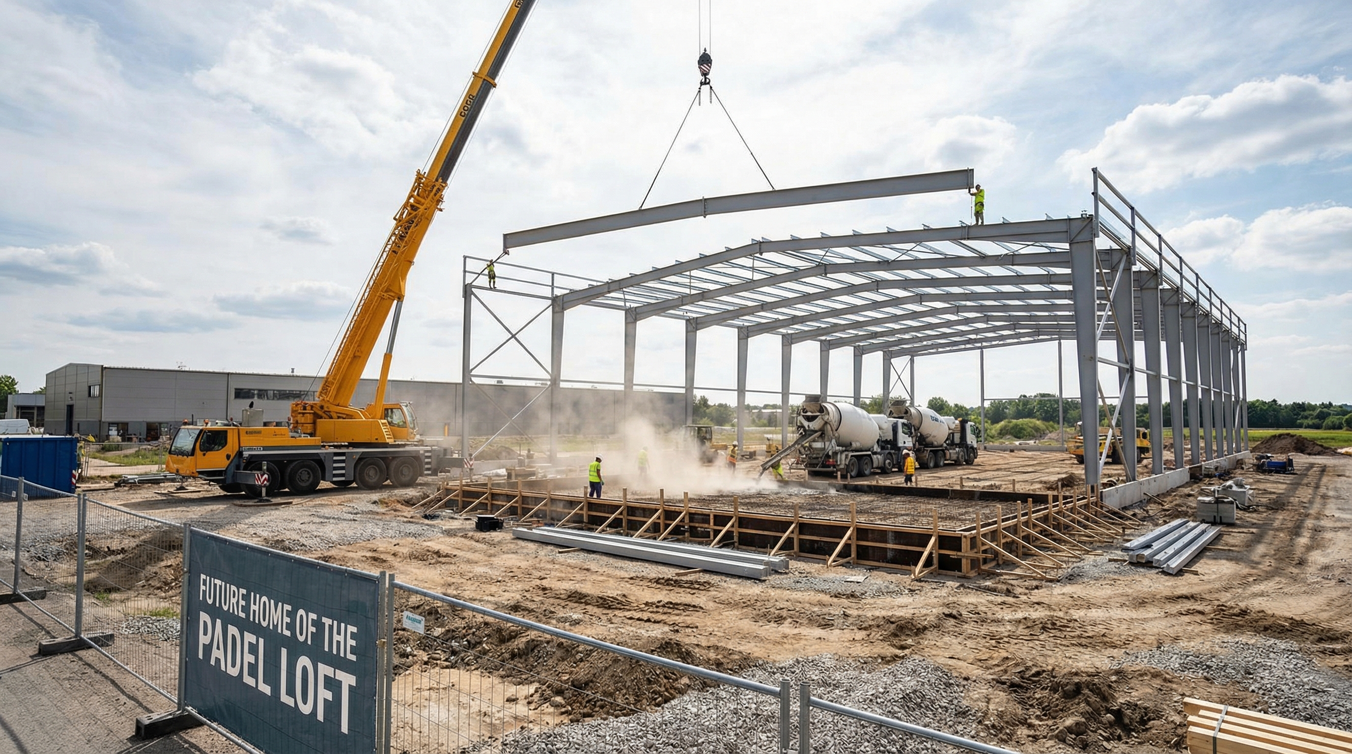 Photorealistic image of a construction site for a padel club, showing the foundation being poured and the structural steel beams being craned into place.