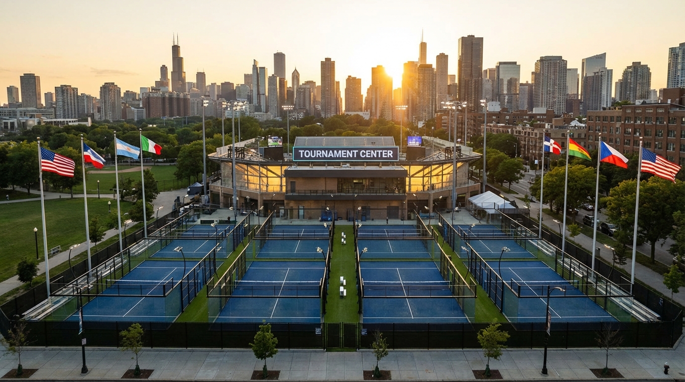 Wide landscape shot of a newly constructed multi-court padel stadium in a U.S. city at sunset