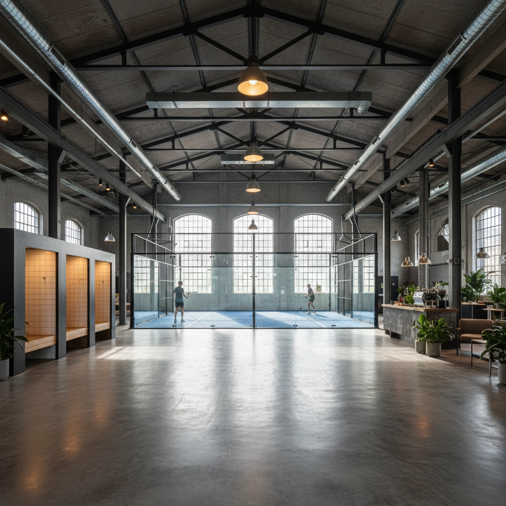 Architectural conversion of an industrial warehouse into a multi-court padel facility, showing optimized space utilization and club amenities.