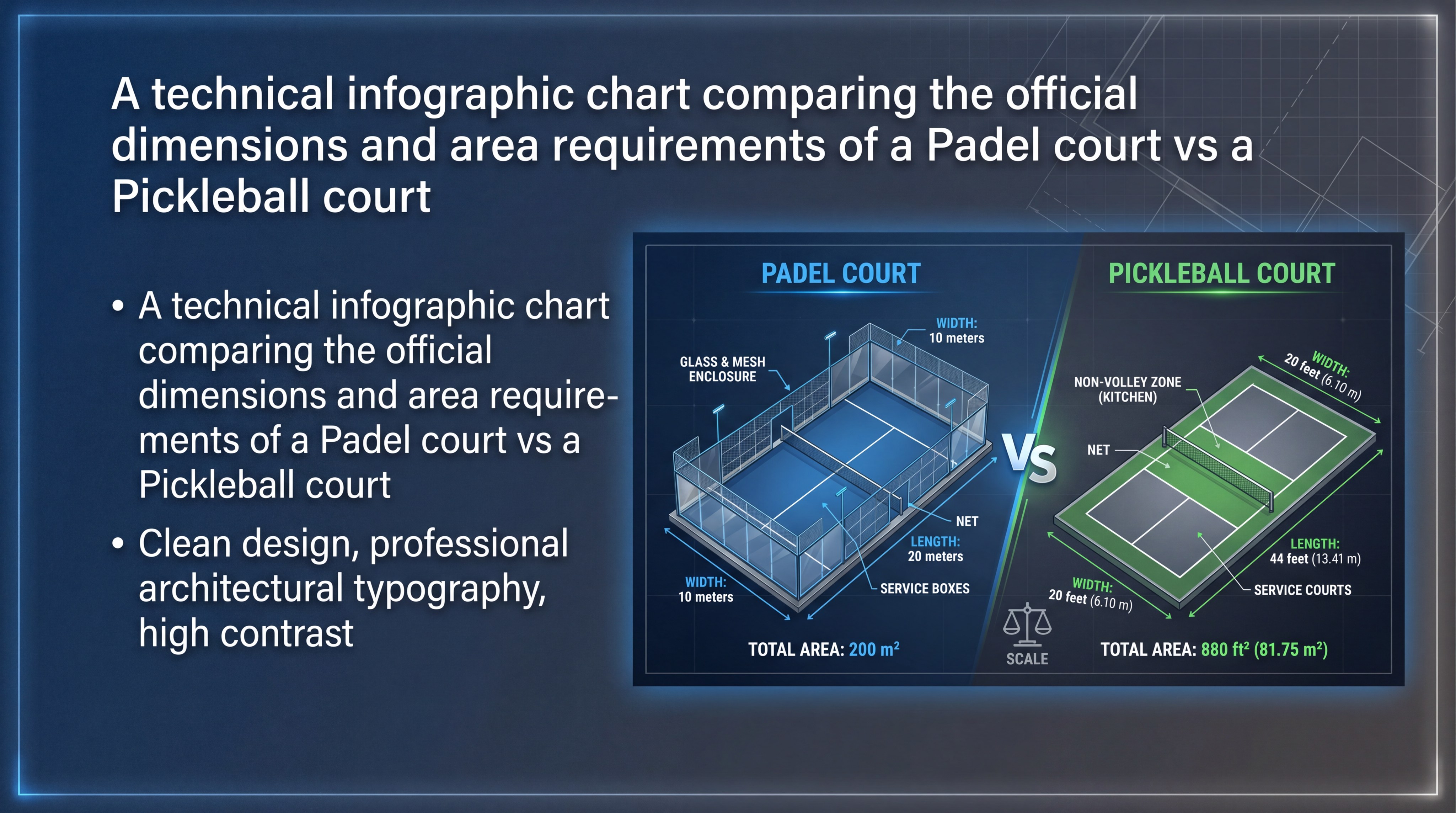 A technical infographic chart comparing the official dimensions and area requirements of a Padel court vs a Pickleball court