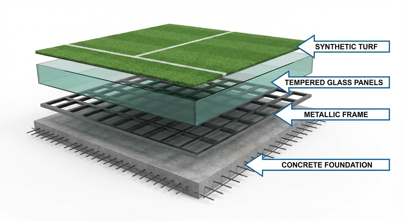 Professional 3D Architectural Diagram of Padel Court Structural Layers