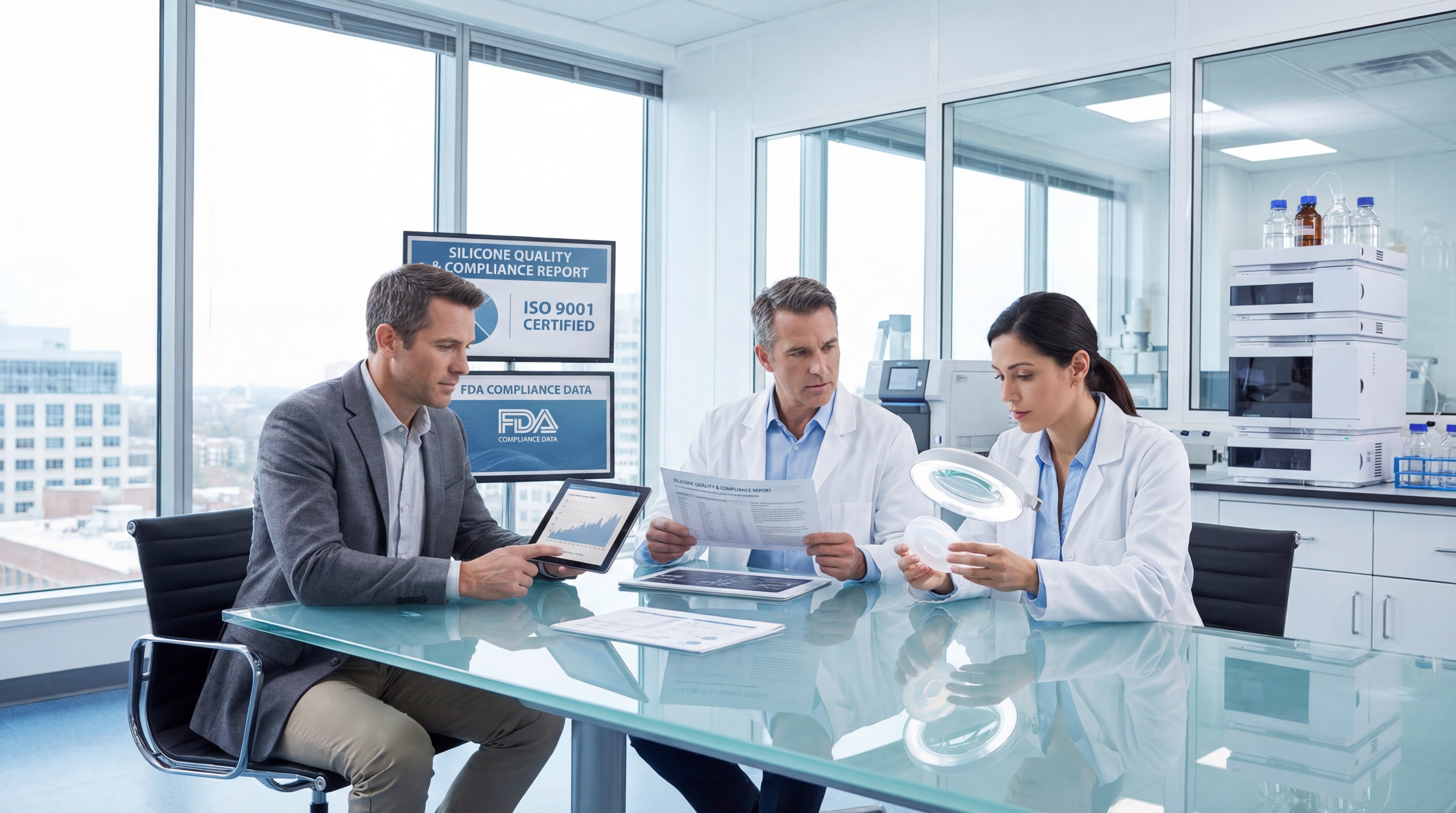 Three professionals in a modern office lab setting reviewing data on a tablet and examining a translucent silicone component
