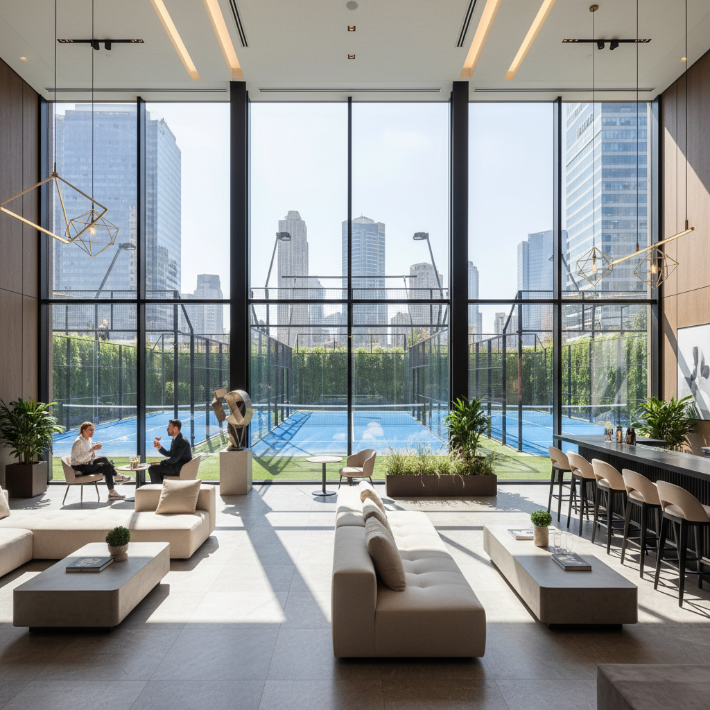 A luxury clubhouse interior with a view through glass windows looking out onto perfectly manicured blue padel courts.