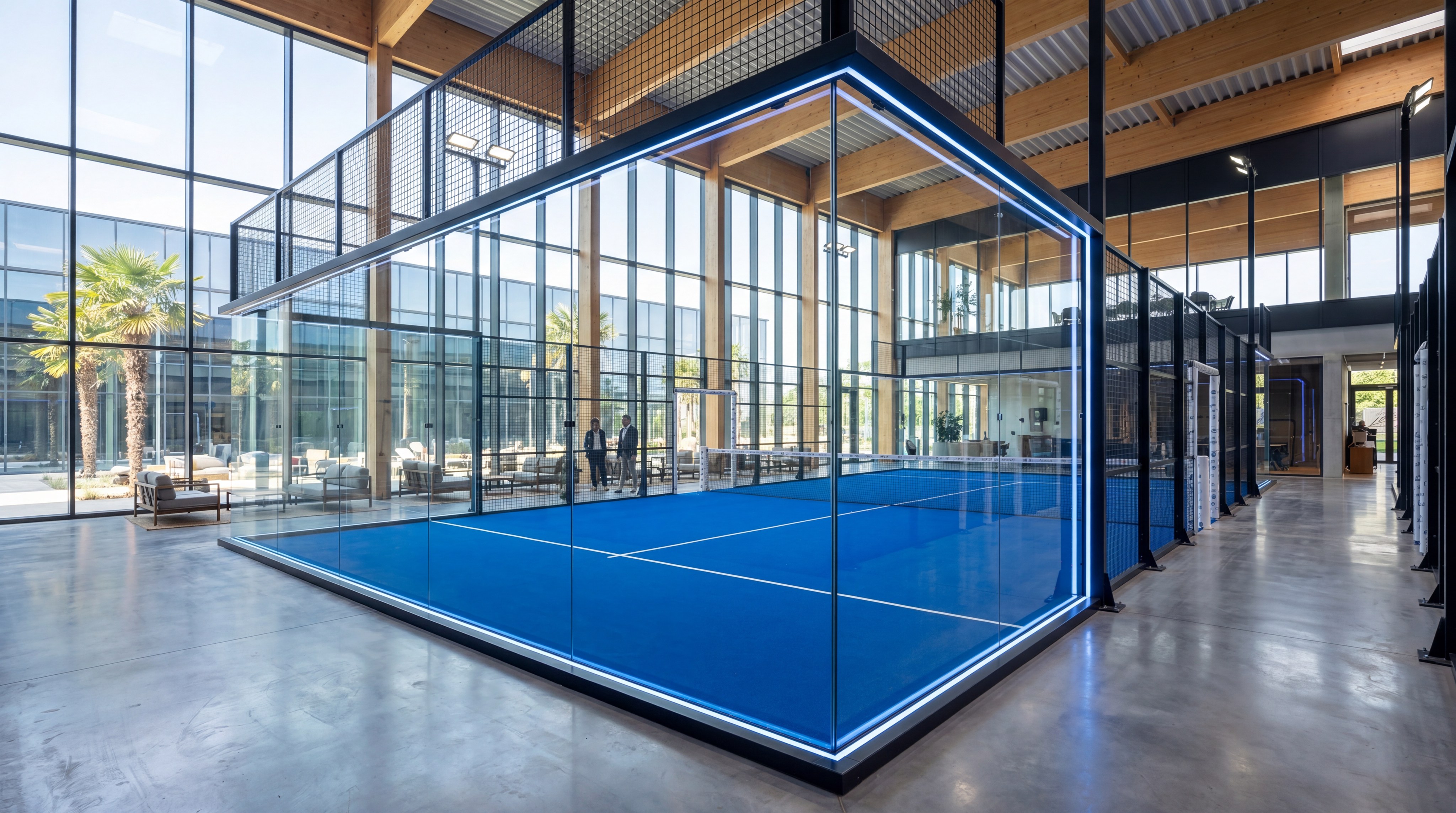 Luxury blue padel court in an upscale modern sports club