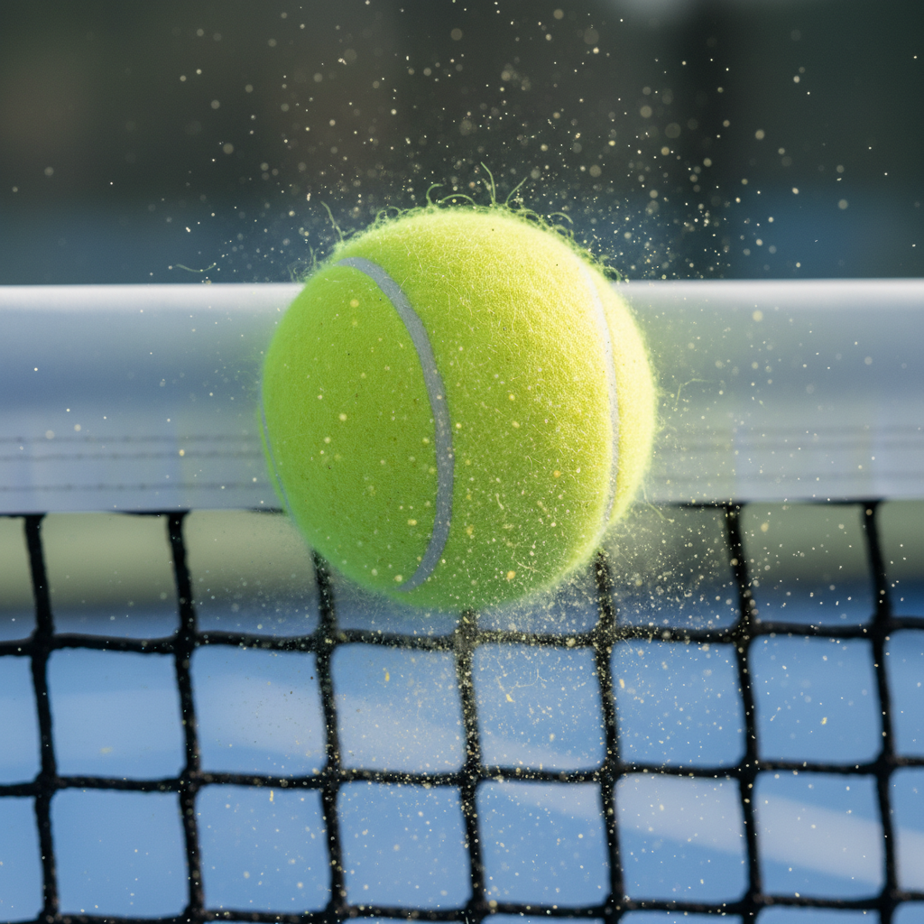 Photorealistic shot focusing on the white top band of a padel net with the tensioning cable visible, looking down the line of the net.