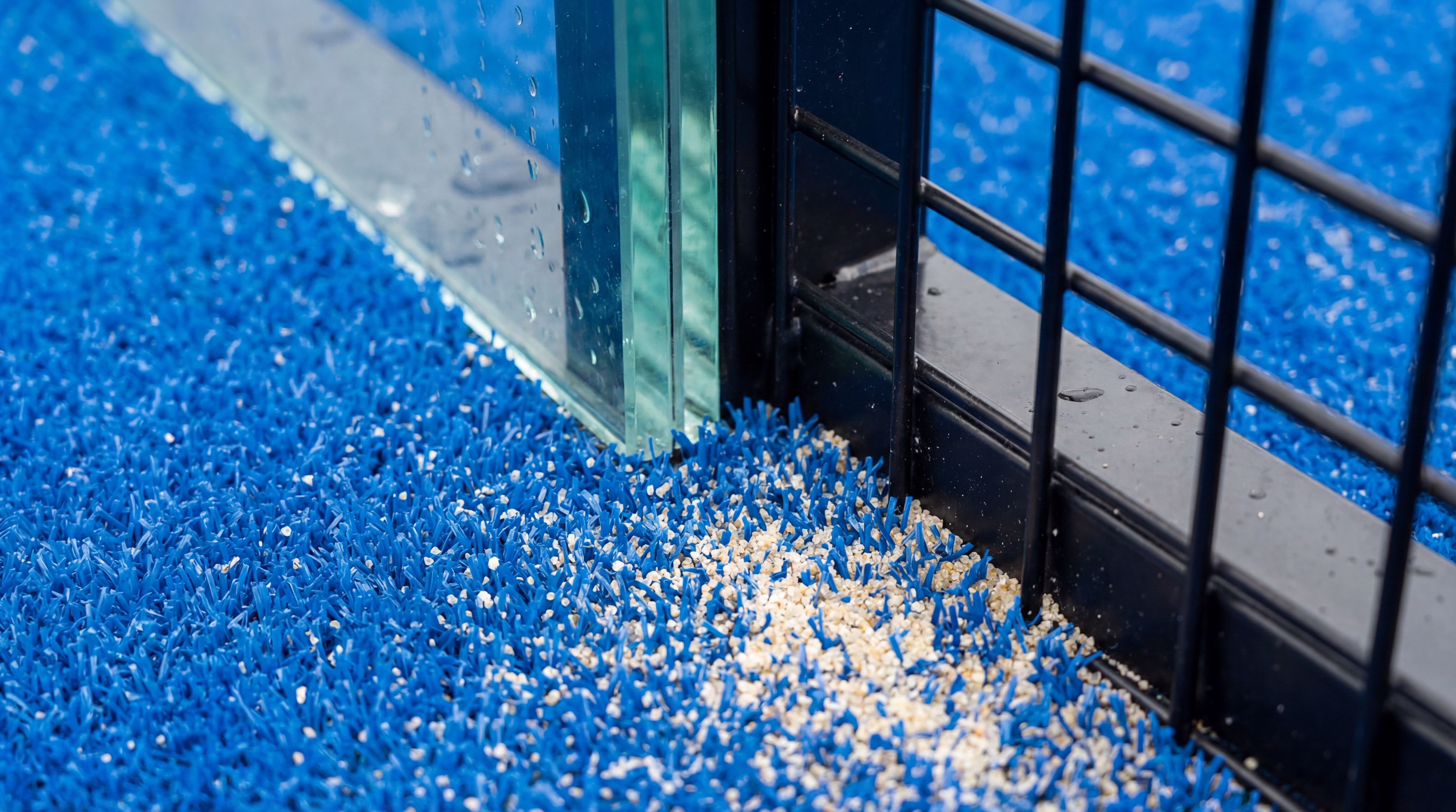 Image: Close-up of tempered glass walls and artificial turf on a padel court