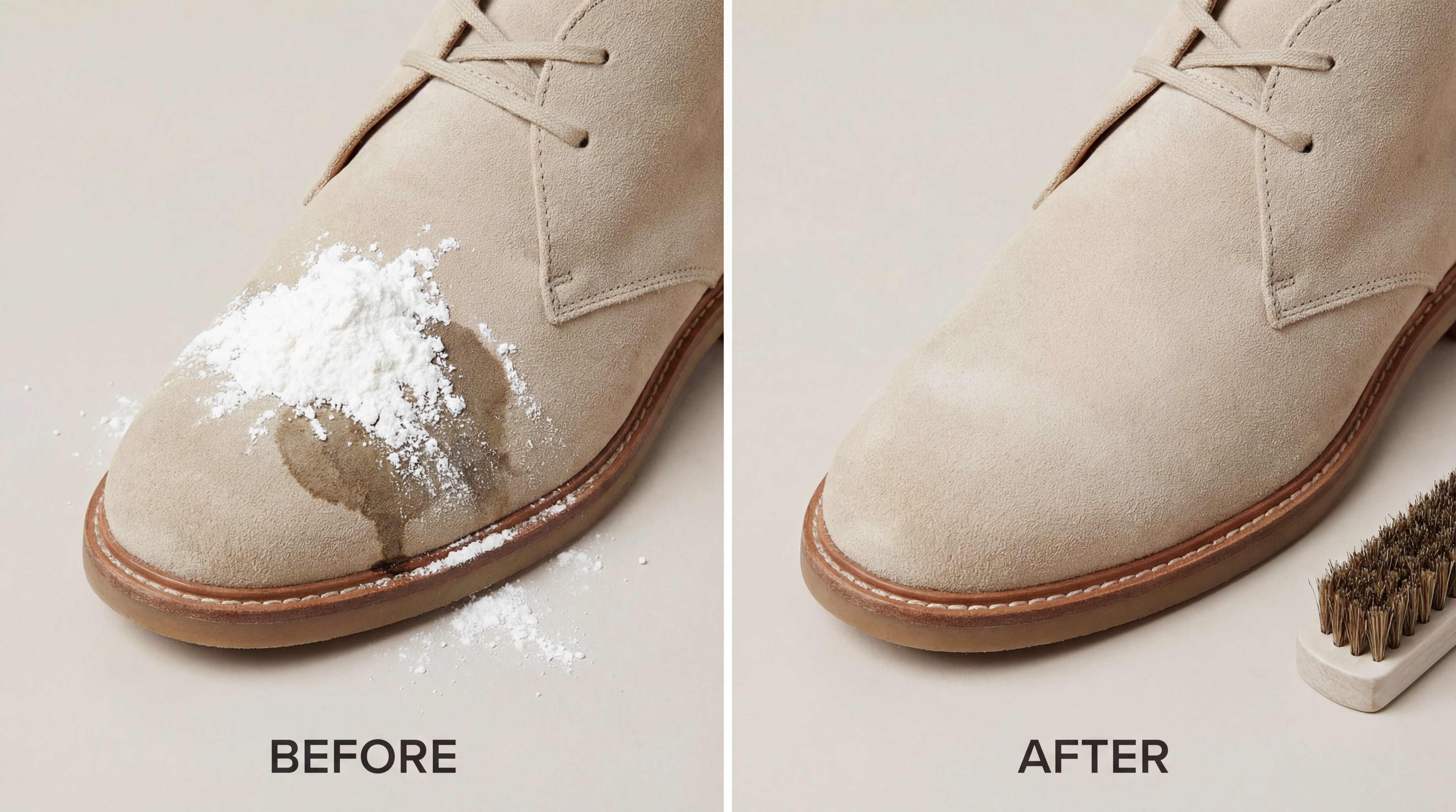 Comparison photo of cornstarch on an oil stain: before vs. after 12 hours