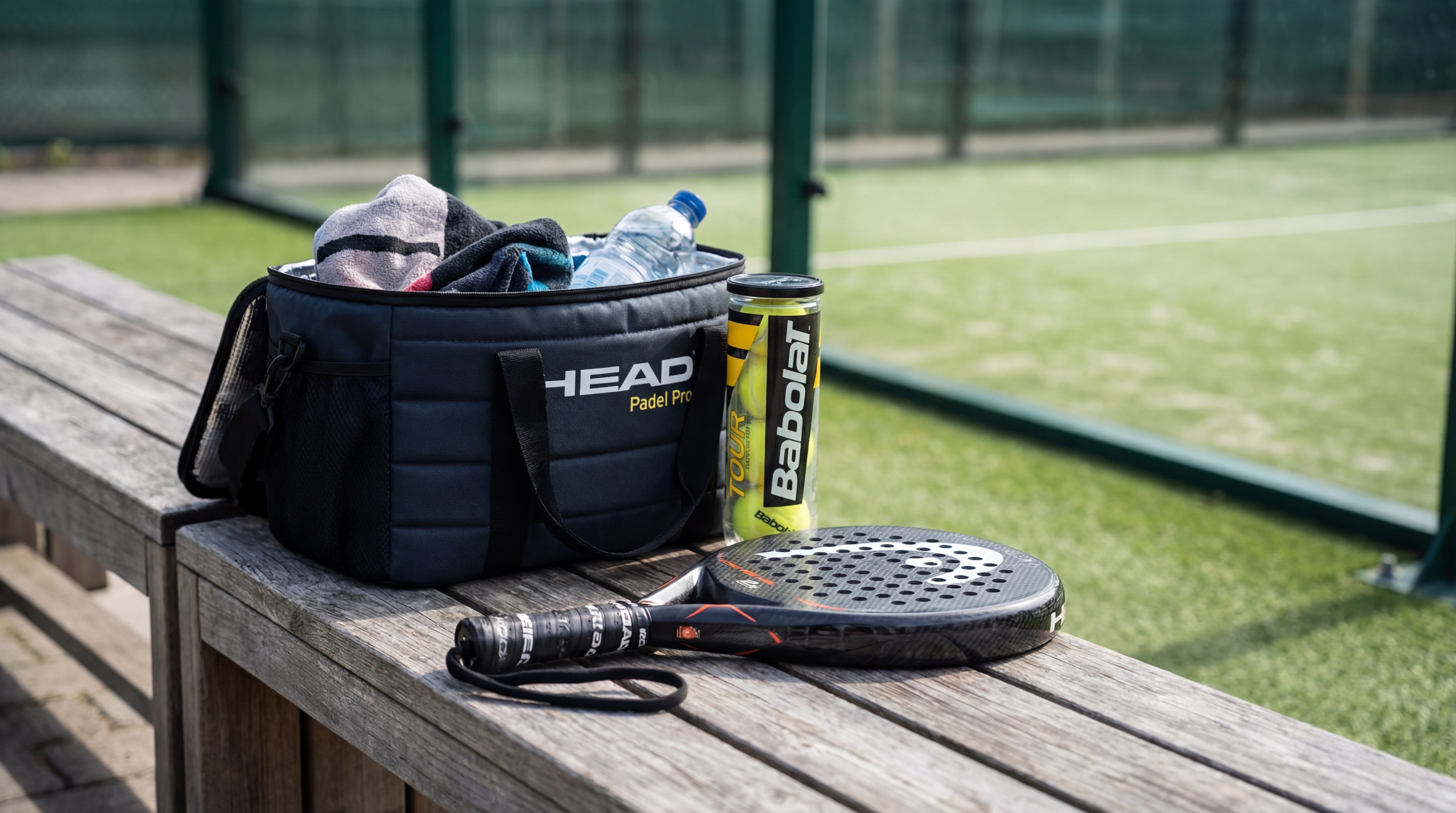 A photorealistic "knolling" layout of a Siux padel kit, including a racket, professional bag, balls, overgrips, and wristbands on a clean floor.